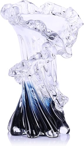 Jarrón de vidrio azul soplado a mano, arte único, hermoso jarrón de cristal oceánico para centro de mesa del hogar, mesa auxiliar, sala de estar,