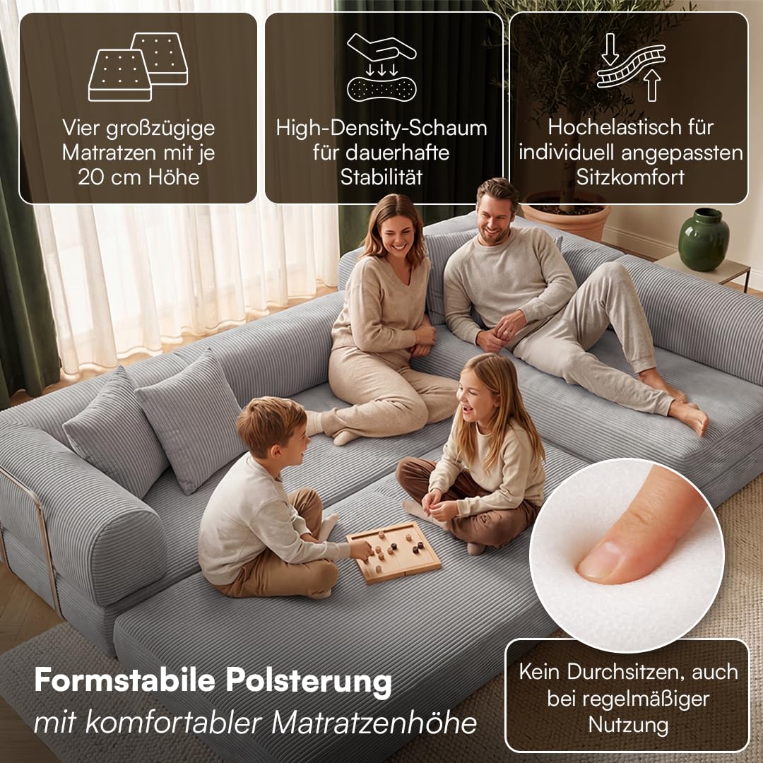 skølm Lofn Ecksofa 4 Sitzer – Wohnlandschaft L-Form Cord – Klappsofa 300cm breit Hellgrau – ausklappbar zum Schlafsofa/Bodensofa – Vollschaumcouch Boneless mit 4 Kissen & Stahlgestell vakuumverpackt
