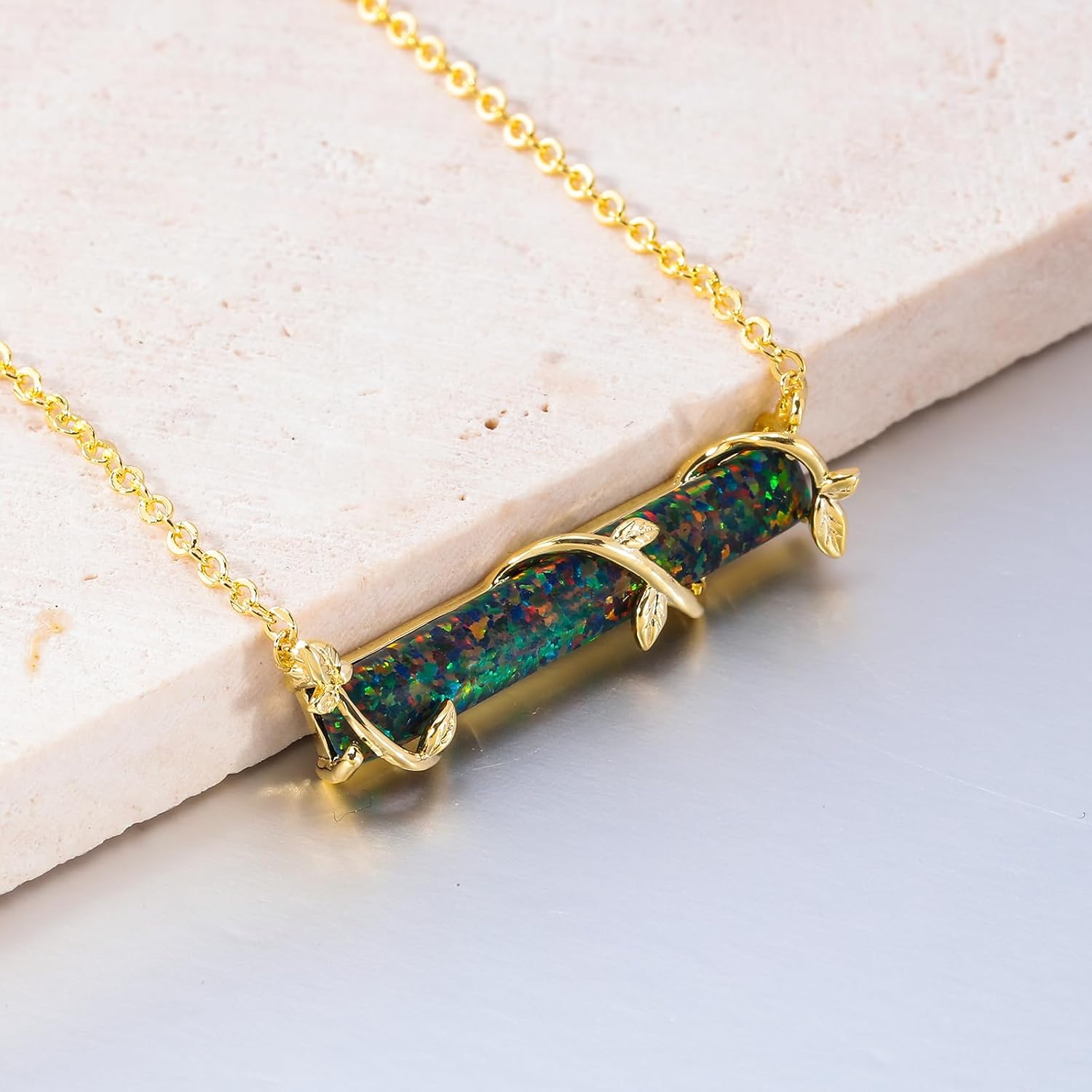 CiNily Bar Necklace Leaf Bar Pendant for Women Teen, Opal Pendant Necklace with Adjustable Chain White/Blue Opal Jewelry Gift, 14K White Gold | Yellow Gold - Image 5