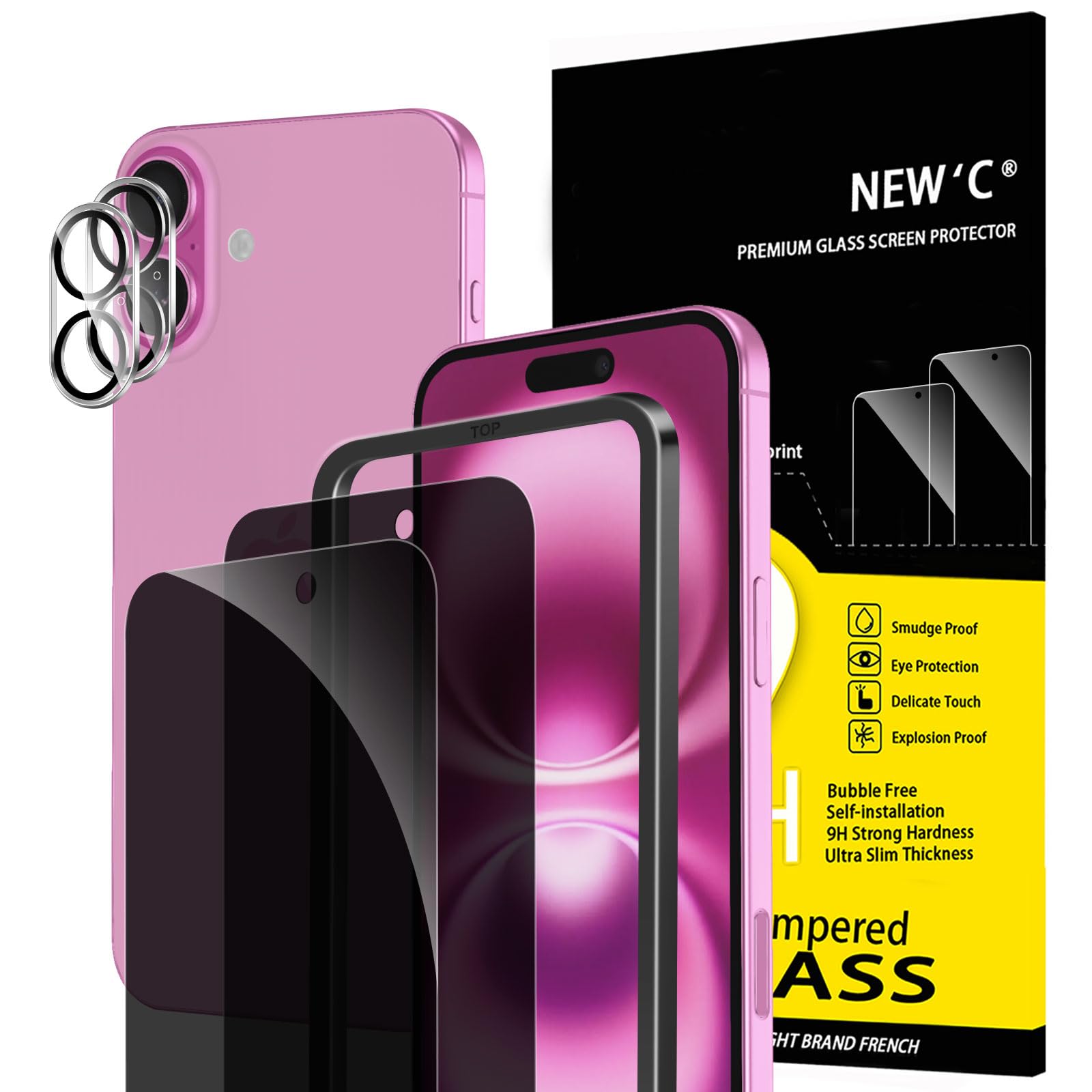 NEW'C 2x Pellicola Protettiva Privacy per iPhone 16 Plus (6,7 Pollici) e 2x Pellicola Vetro Protettiva Fotocamera Posteriore-Strumento di installazione semplice incluso-Angolo di privacy di 28 gradi