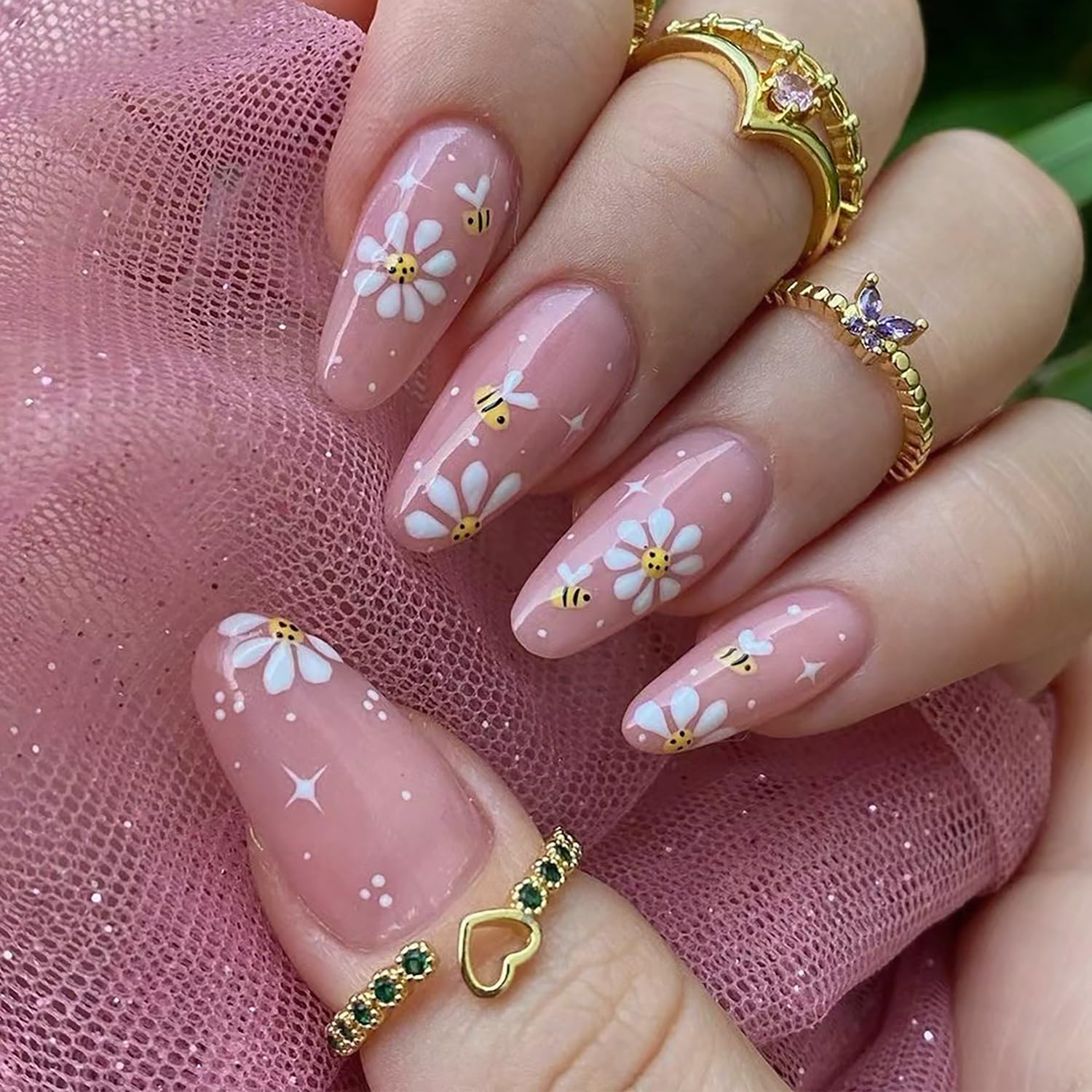 Press on Almond Nails French Glossy Full Cover Acrylic False Nails Almond Medium Length Artificial Fake Nails with Designs Glue on Nails with Charm