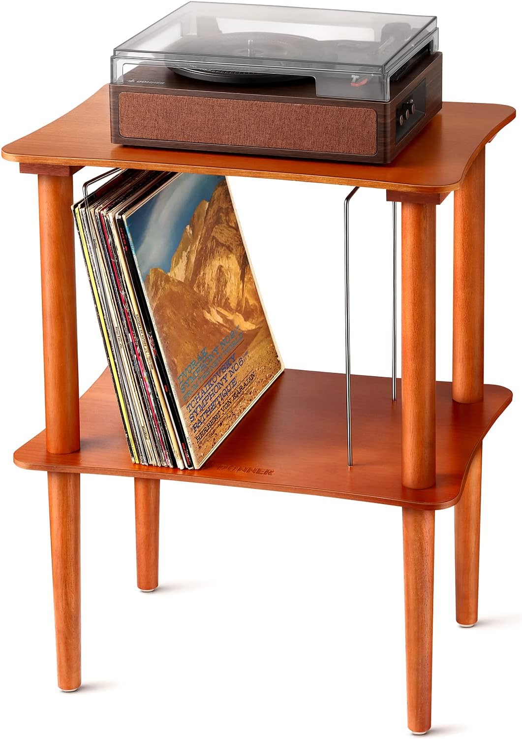 Donner Record Player Stand, Wooden Vinyl Record Storage Table with Vinyl Record Holder Display Shelf, Mid-Century Modern Turntable Stand with Wood Legs for Bedroom/Living Room/Office, Acorn Brown
