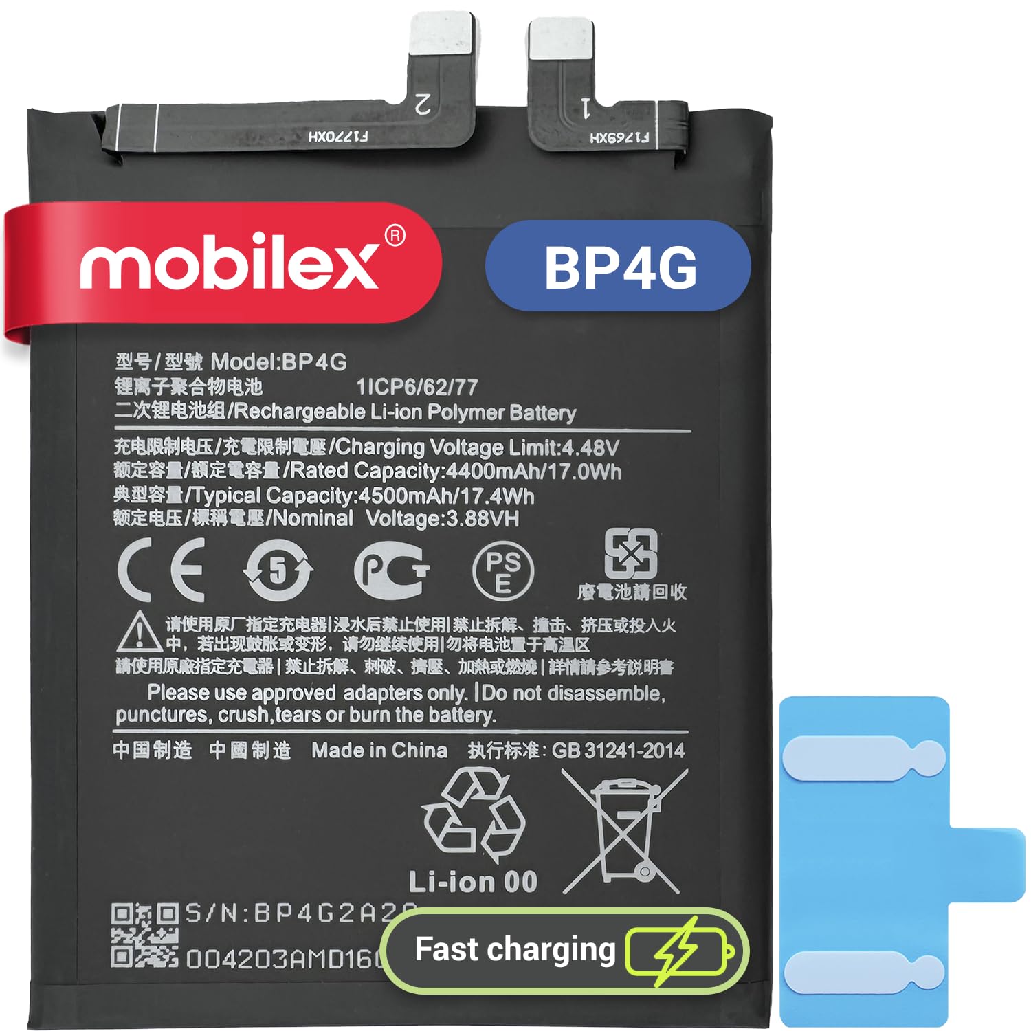 MOBILEX® Batería BP4G para Xiaomi 13 | Carga Rápida 67W | 4500mAh - OEM | Interna Repuesto con Adhesivo | Capacidad Original