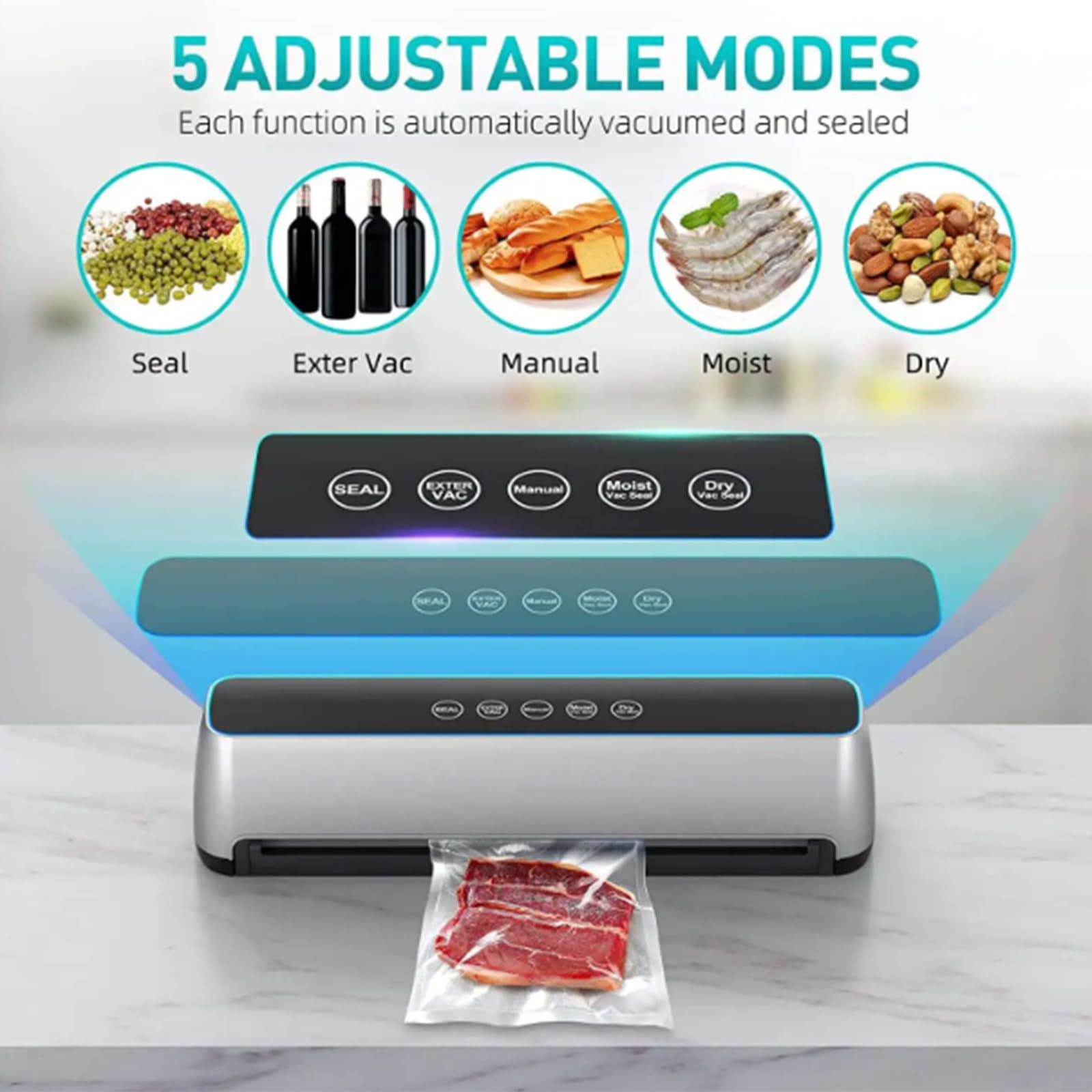 Selladora automática al vacío de Alimentos con Panel táctil LED, Control de Temperatura Inteligente, 5 Modos, Desmontable para un Funcionamiento silencioso, Ideal para Uso