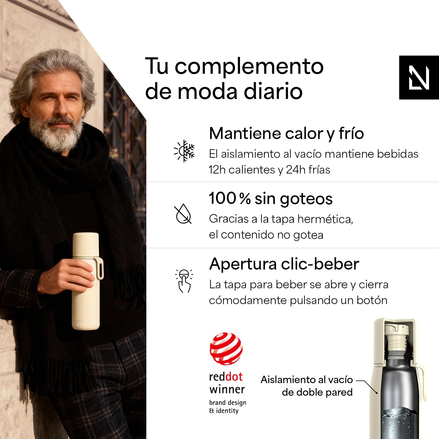 LARS NYSØM Botella Térmica de Acero Inoxidable - Isotérmica de Doble Pared con Taza y Correa, Metálica Hermética para Viaje, Oficina y Exterior (Almond Beige, 1000ml)