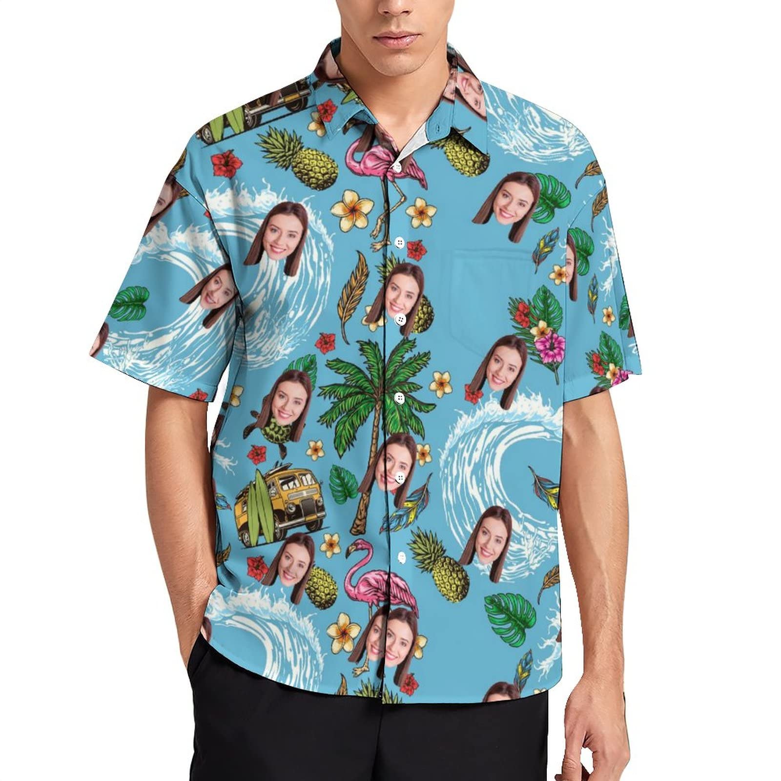 Nvhgfhp Foto Personalizada Cara Camisa Hawaiana, Foto Personalizada abrochada Tropical Camisa Hawaiana con Cara, Divertida Camisa de Playa Hawaiana de Verano para Hombres