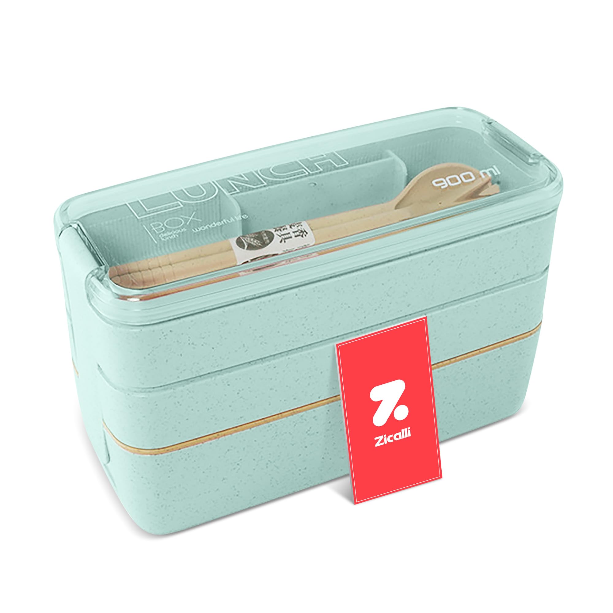 ZICALLI 900ML Wheat Straw Lunch Box Set- 3 Compartment Rectangular Bento Box w/Spoon & Fork, Container for Adults & Kids, Microwave, Freezer & Dishwasher Safe, Leak-Proof (Green)