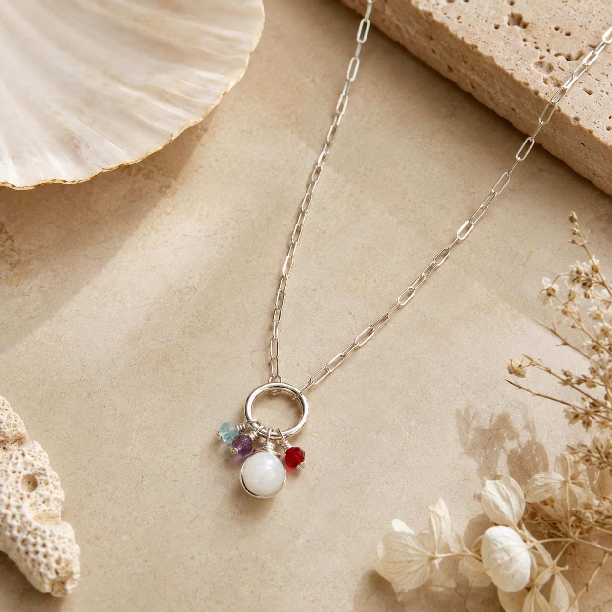 Collar Mujer Plata de Ley Verificada, Cadena de Eslabones Diamantada con Cierre de Anilla Porta Colgante de Piedras Semipreciosas Naturales, Regalo Mujer