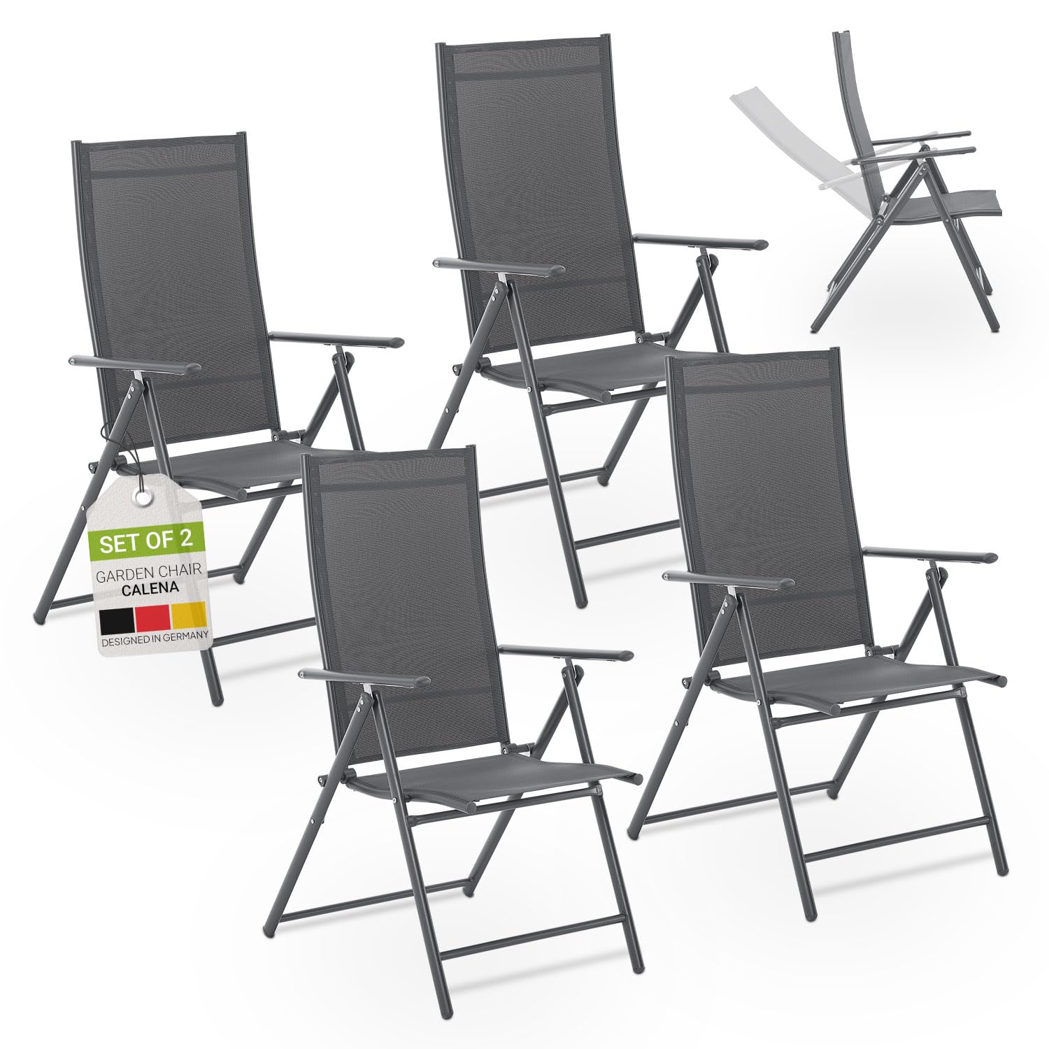 Juskys Sedie da giardino Calena set 4 pezzi antracite – Schienale regolabile in 7 posizioni – pieghevoli con struttura in acciaio e tessuto traspirante