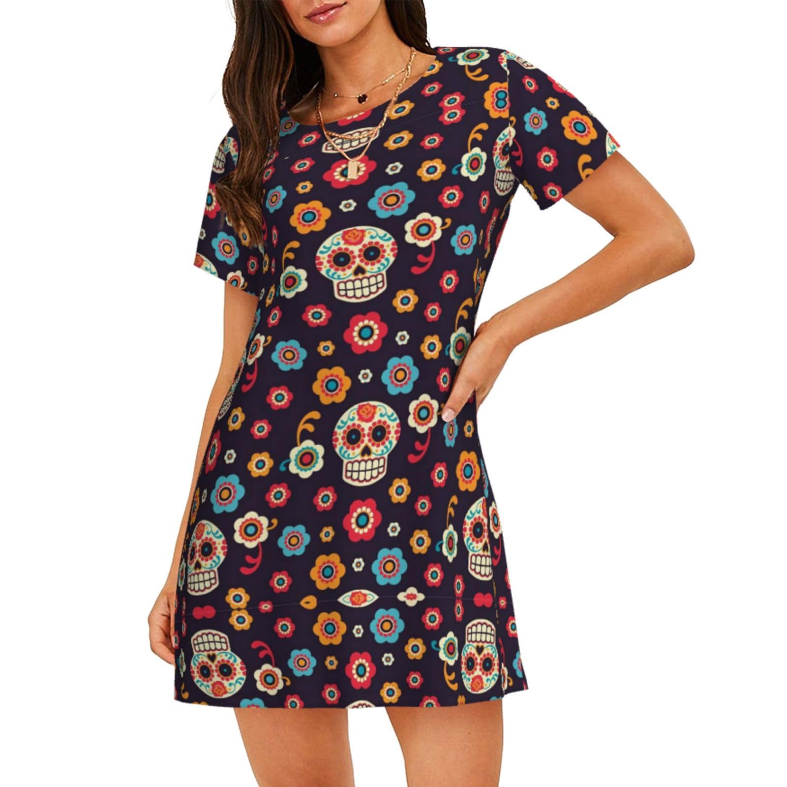 ALLiYa Sugar Skulls Women'S Short-Sleeved Nightdress Summer Family Casual Essentials Dress Home Clothes Black