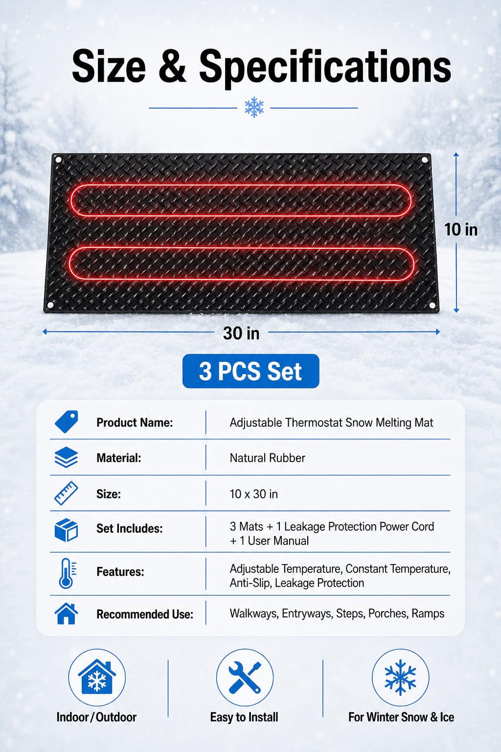 Tappetini Riscaldanti da Esterno 10 X 30 Pollici, Tappeti Antigelo per Neve, Passerelle Riscaldanti per Inverno, Tappeti Marciapiede Elettrici per Ponti(3 Pezzi) 3PCS10×30"