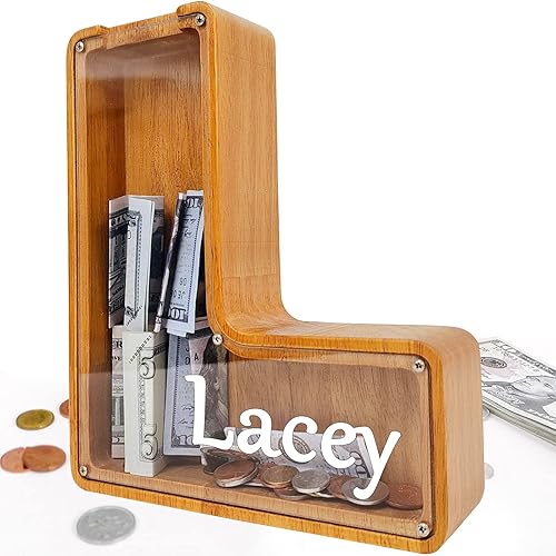 Alcancía de madera personalizada, (nombre grabado con láser) tanque creativo de almacenamiento de letras del alfabeto inglés de veintiséis letras