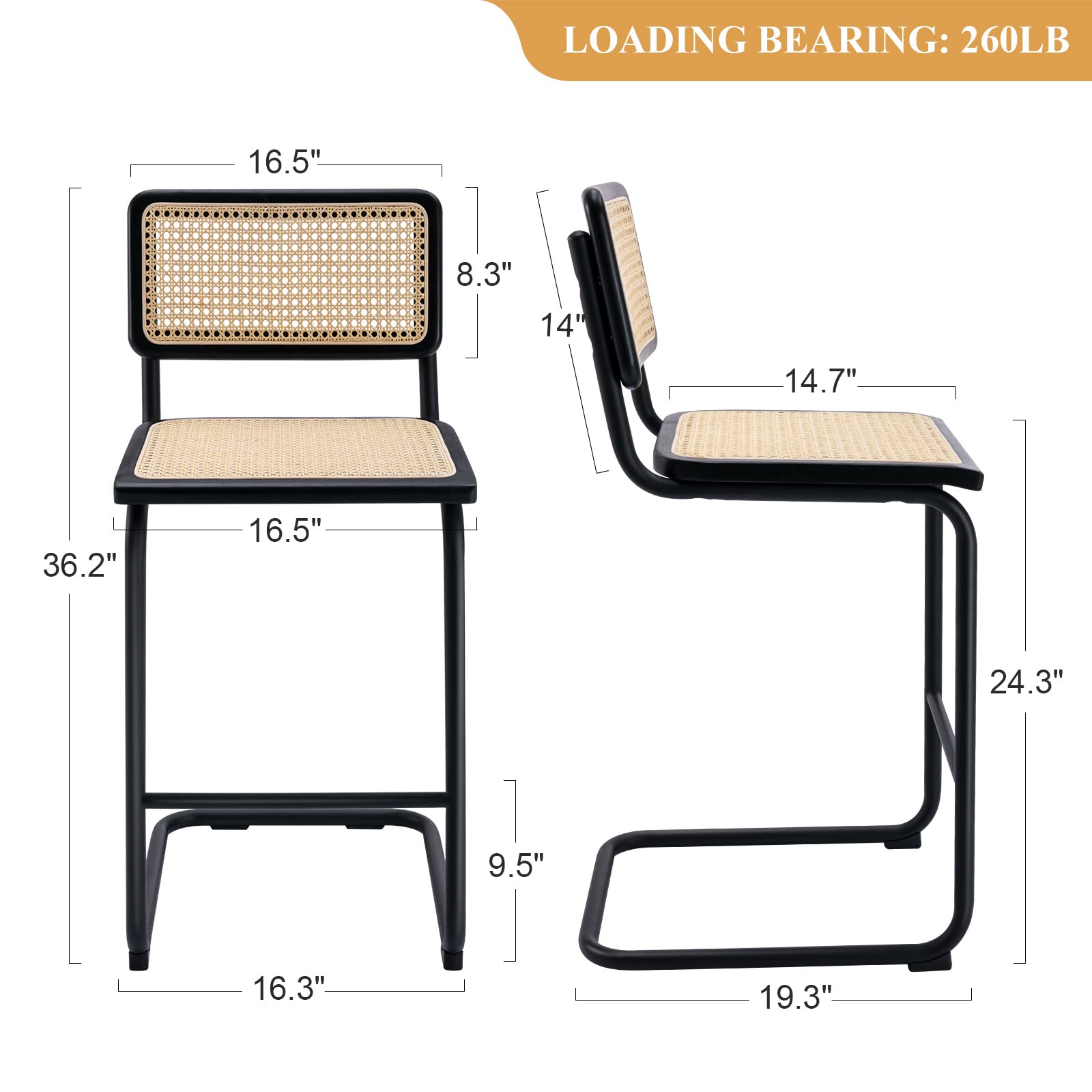 JIRAIN Modern Bar Stools Set of 2, 24 Inch Rattan Counter Height Bar Stools, Low Back Bar Stools with Cane Seat, Counter Height Chairs with Metal Legs for Kitchen Counter, Black