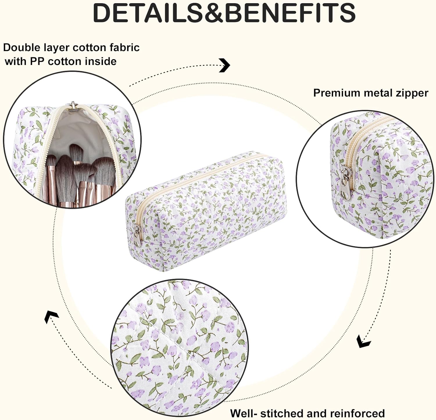 Cute Floral Makeup Brush Bag Small Cotton Quilted Cosmetic Bag for Women Travel Toiletry Zipper Make Up Pouch (Purple Floral) - Image 4