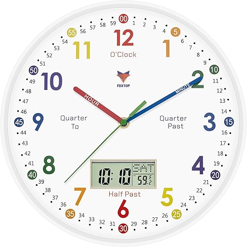 Miniatura 14 de Foxtop Reloj de Aprendizaje Digital y Analógico para Niños - Reloj de Enseñanza para Decir la Hora de 12 Pulgadas Silencioso Sin Tictac Operado