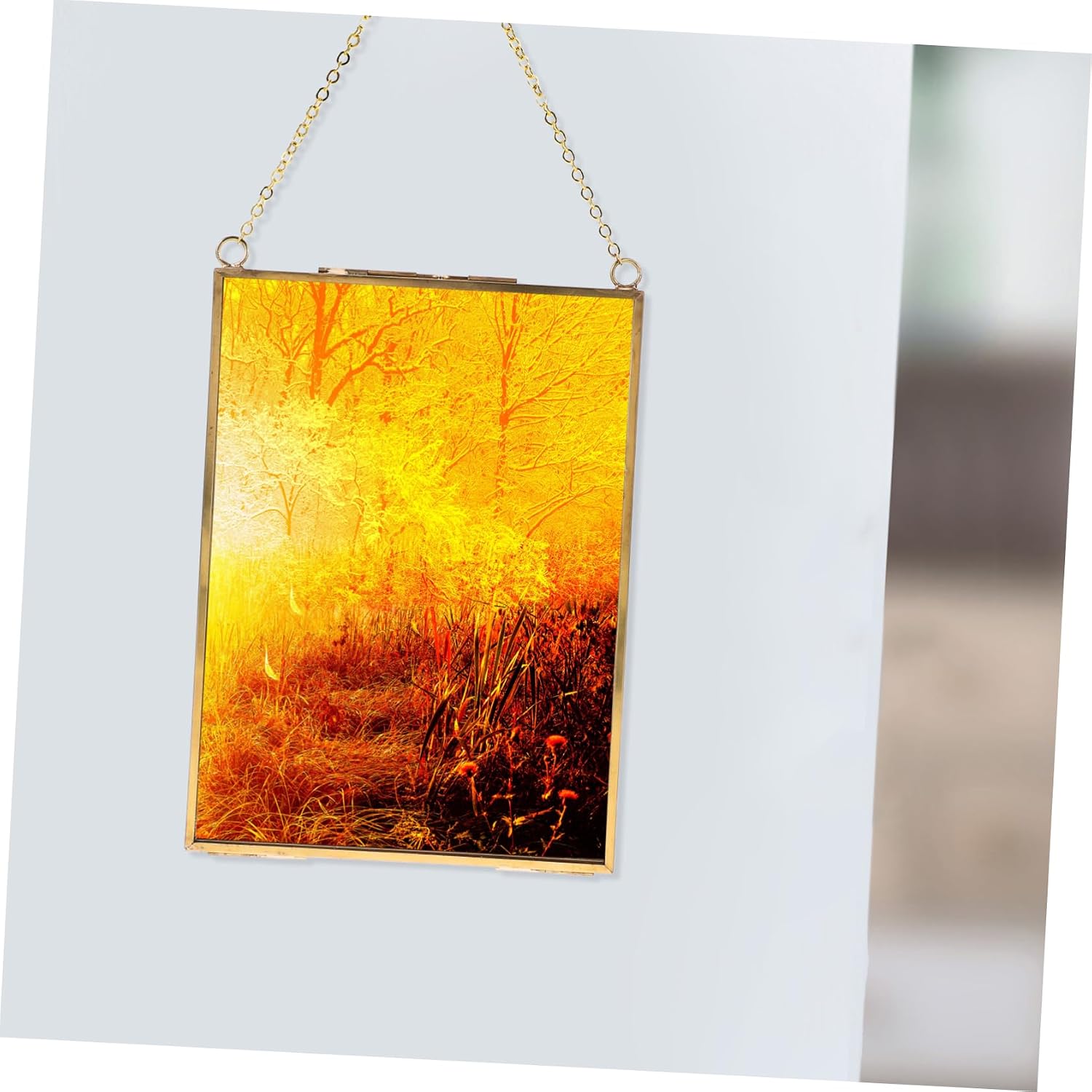 SOLUSTRE Hanging Glass Photo Frame with Specimen Clip Geometric Decorative Holder for Wall Mounted Photos Copper Color for Home Decor and Unique Displays