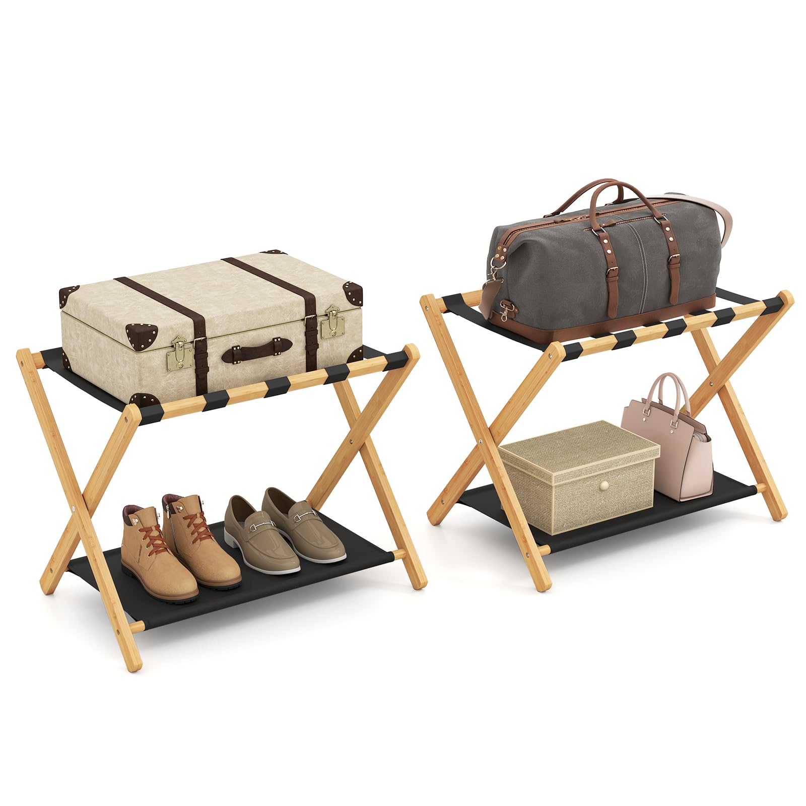 GYMAX Set di 2 Portavaligie in Bambù, Supporti Pieghevoli per Valigie con Mensola Portaoggetti in Tessuto, 5 Cinghie in Nylon Resistenti, Portavaligie per Camera Ospiti, Camera da Letto(Naturale)