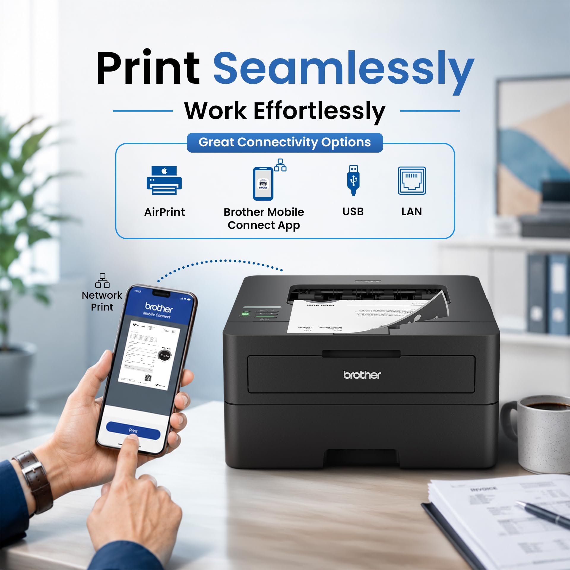 Brother HL-L2460DN Auto-Duplex-Monochrom-Laserdrucker, 34 Seiten/Minute, LCD-Display, 128 MB Speicher, LAN, USB, 250-Blatt-Papierfach, Schwarz