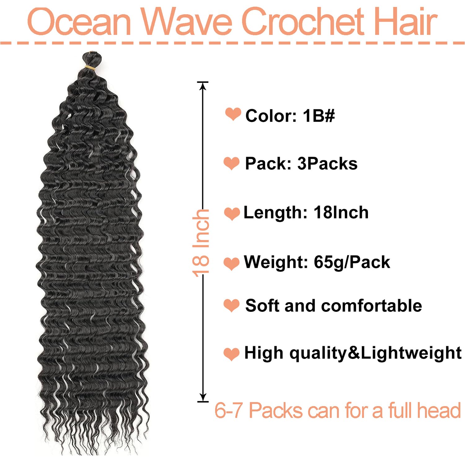 Mscat Ocean Wave Crochet Hair 18 Inch 3 Packs Deep Wave Curly Braiding Hair Extensions Synthetic Curly Crochet Hair For Women #1B - Image 2
