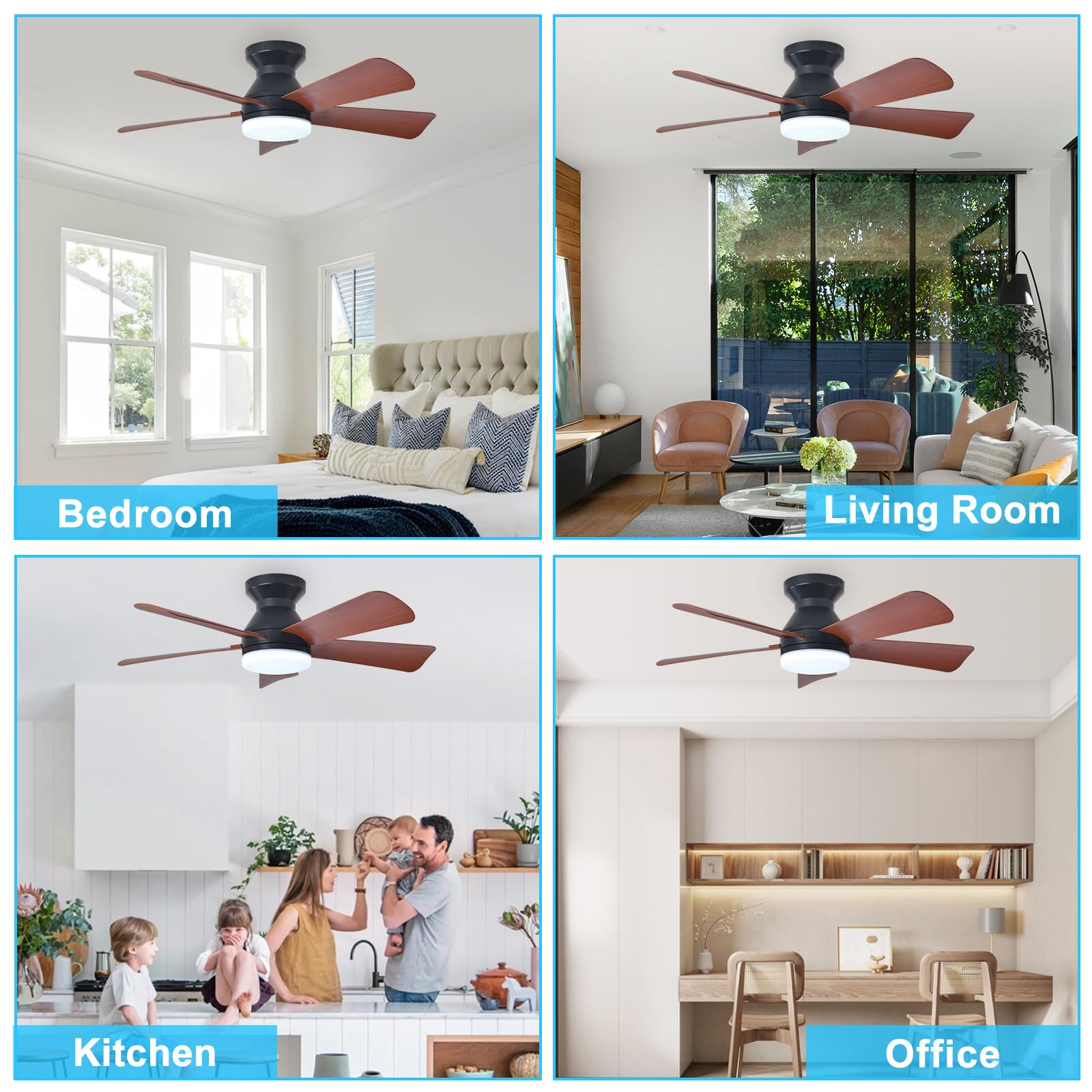 Depuley Ventilador de techo moderno con luz: Ventiladores pequeños negros de 35 pulgadas para dormitorio - Ventiladores de techo empotrable regulables con mando a distancia 5 aspas de nogal invertido