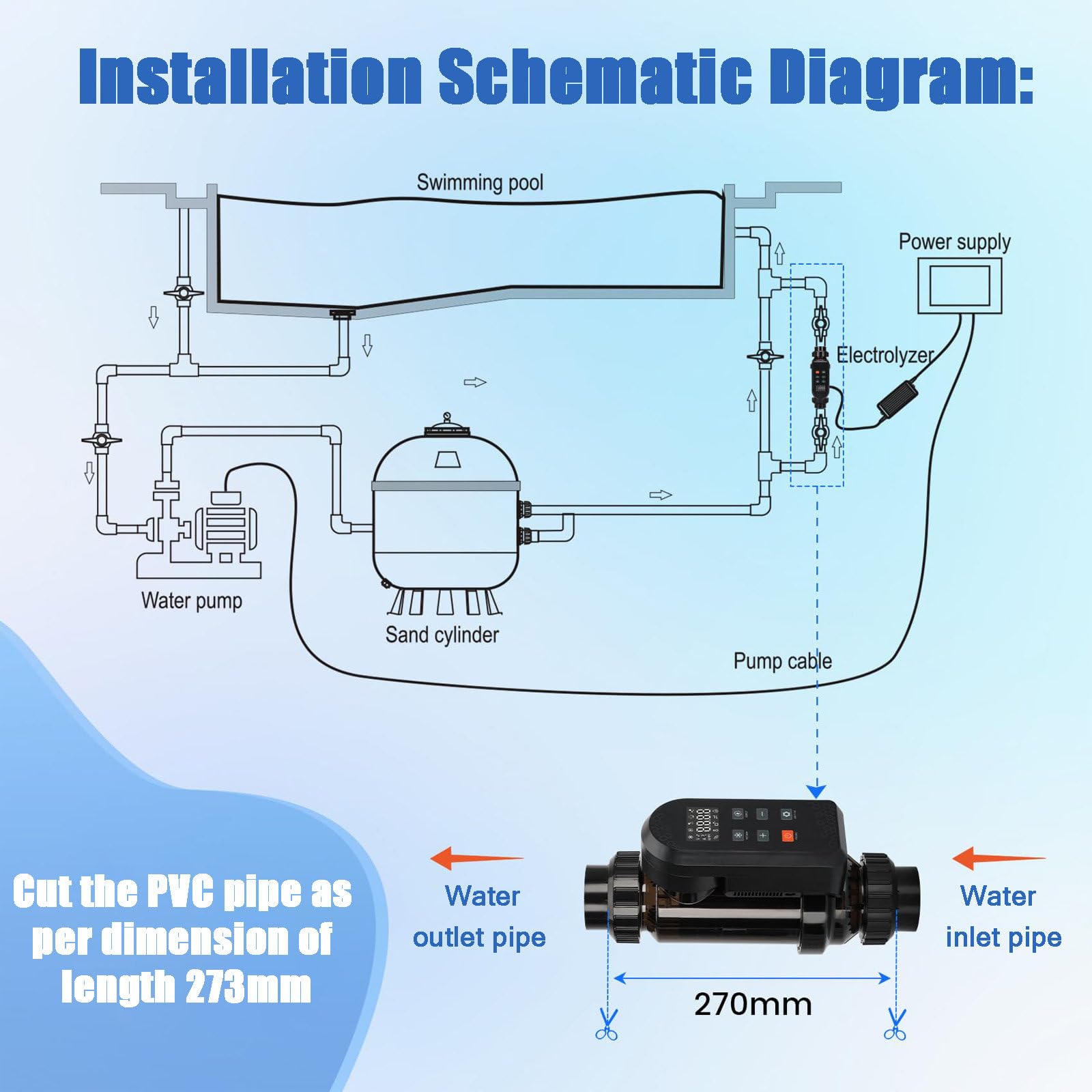 Système de chlorinateur de piscine d'eau salée, générateur de chlore de 40 g/h avec panneau numérique intelligent, pour piscines creusées jusqu'à 50 K gallons