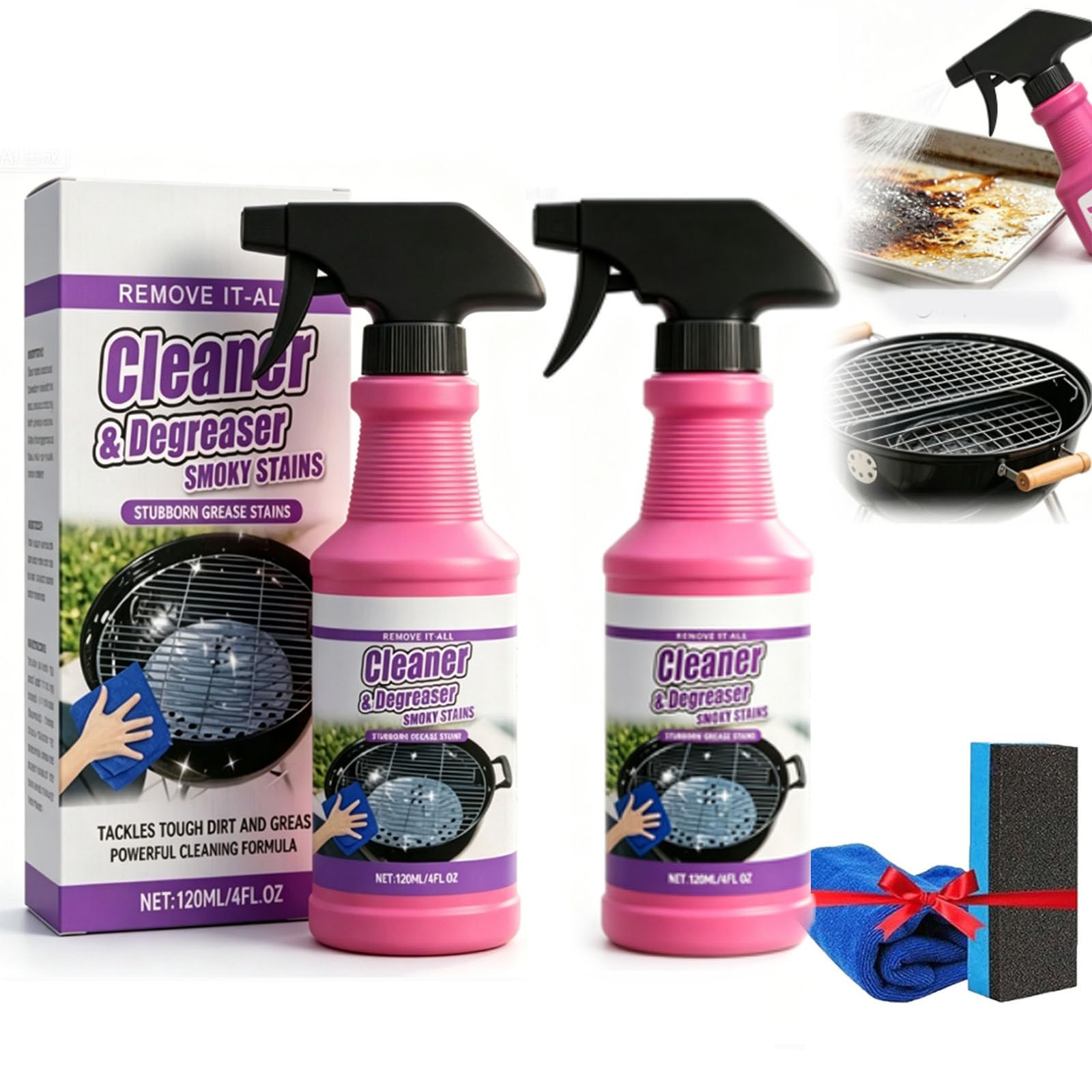 Fast-Acting Heavy-Duty Grill Degreaser Spray, 120ml BBQ Grill Cleaner, 𝐆rill and Smoker Cleaner and Degreaser, 𝐆rill 𝐂leaner for Outdoor Grills, Heavy Duty for Burnt Food & Grease (2 PCS)