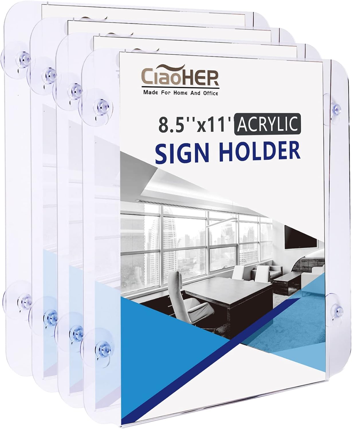 CiaoHER Acrylic Sign Holder 8.5 x 11, Clear Acrylic Frames Glass Window Wall Mount Advertising Signage Sign Holder with 4 Suction Cups for Mall, Office, Home, Restaurant, Vertical （4 Pack）