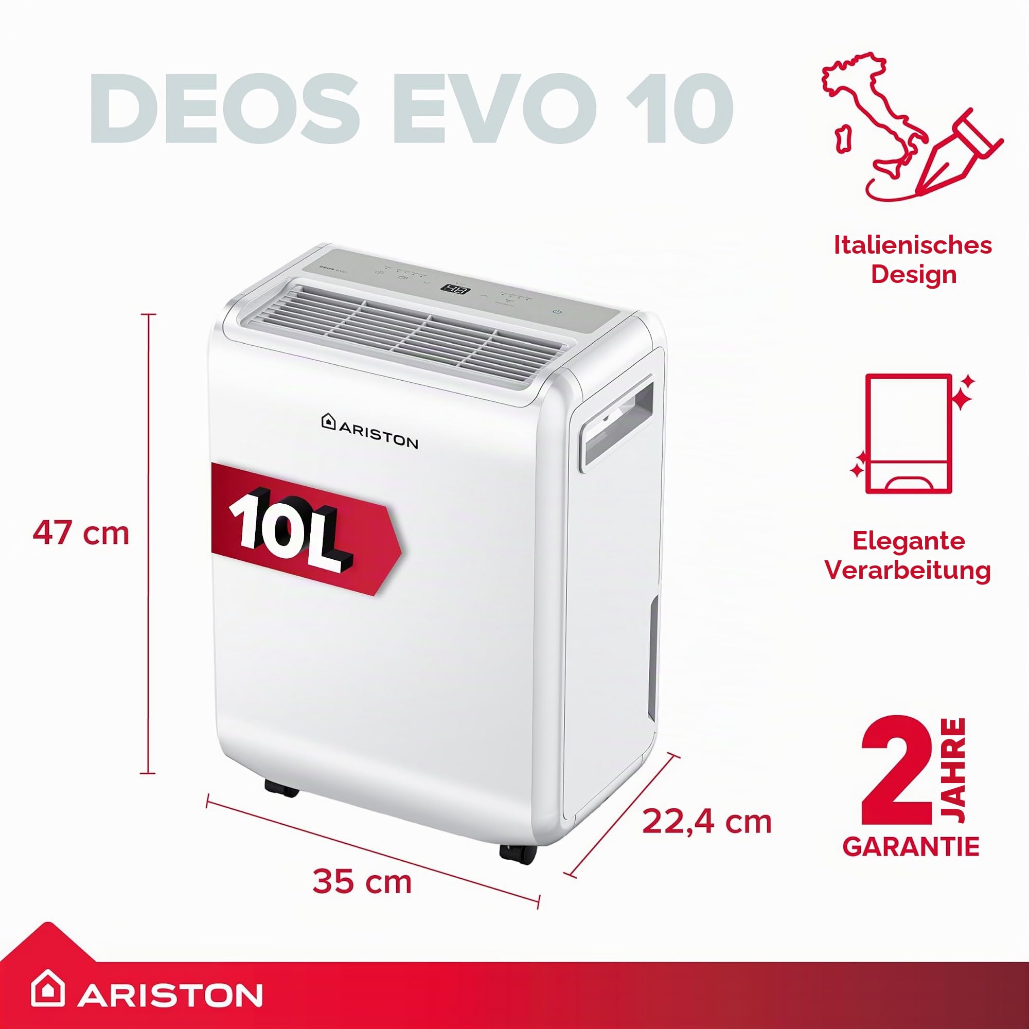 Ariston DEOS 10 – Luftentfeuchter zu Hause, tragbar, 10 l/24 h, geeignet für bis zu 30 – 35 m², kleiner Feuchtigkeitsabsorber, Luftentfeuchter für Badezimmer, Haushaltsräume, 36 x 25,3 x 44 cm