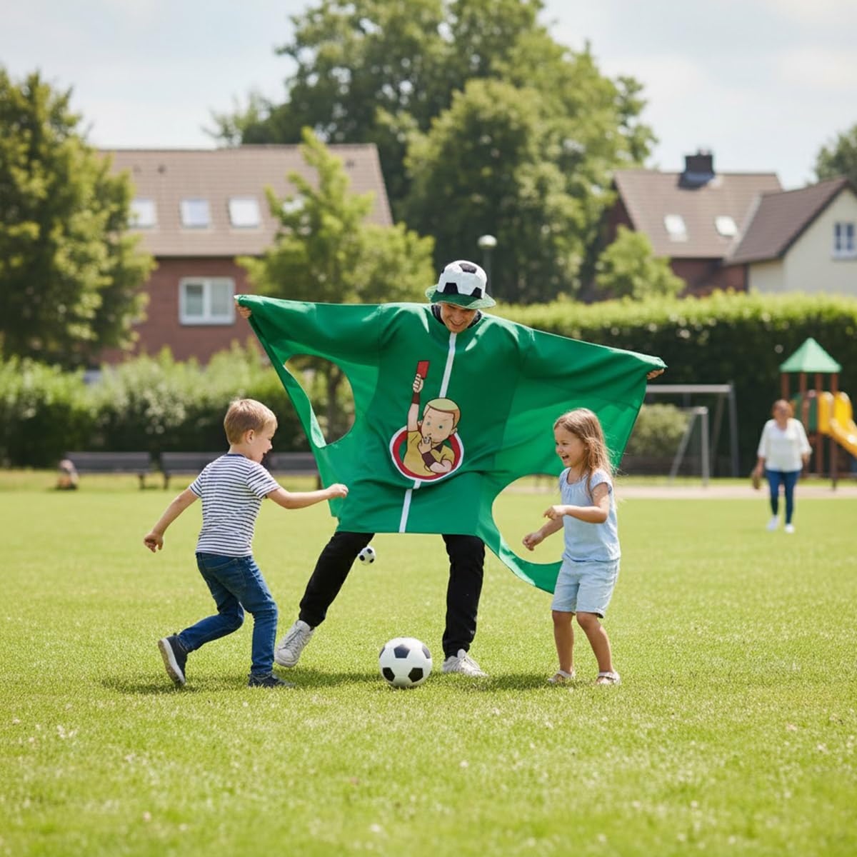 CoolChange Torwand Kostüm mit Fußball Hut | Lustiges Party Verkleidung | Torwandschießen Umhang