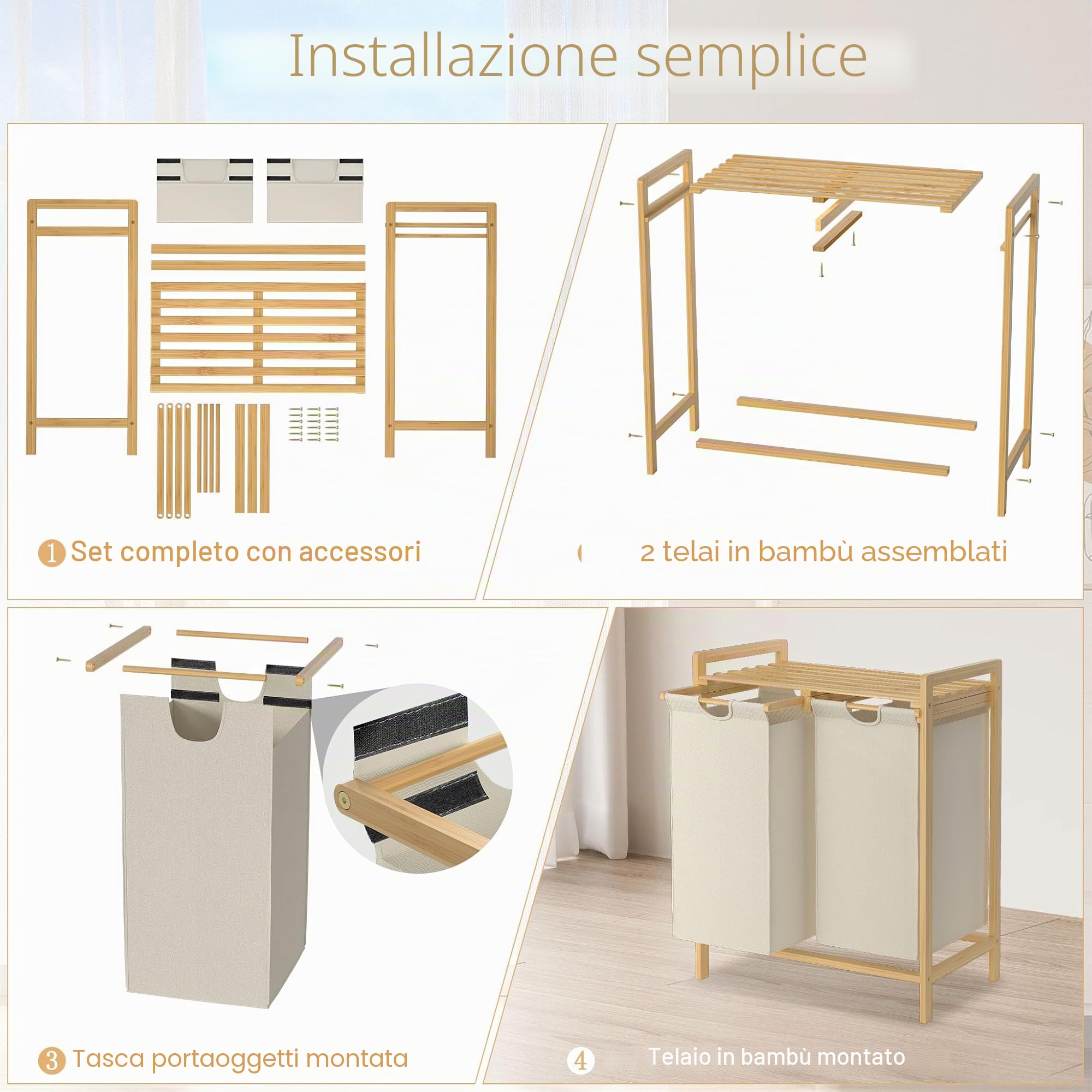 UISEBRT Cesto portabiancheria in bambù con 2 scomparti, 72 l, in tessuto Oxford, sistema di stendibiancheria rimovibile e lavabile, 73 x 64 x 33,5 cm, beige