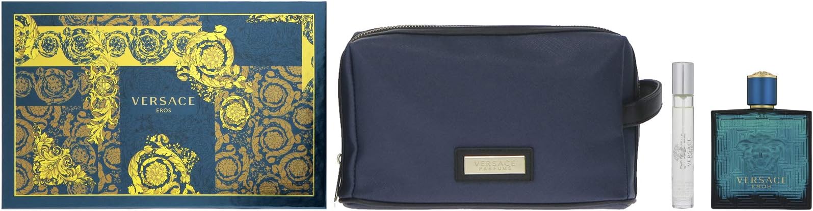 Versace Eros For Men - 3 Pc Gift Set, 3.4oz EDT Spray, 10ml EDT Spray, Blue Trousse