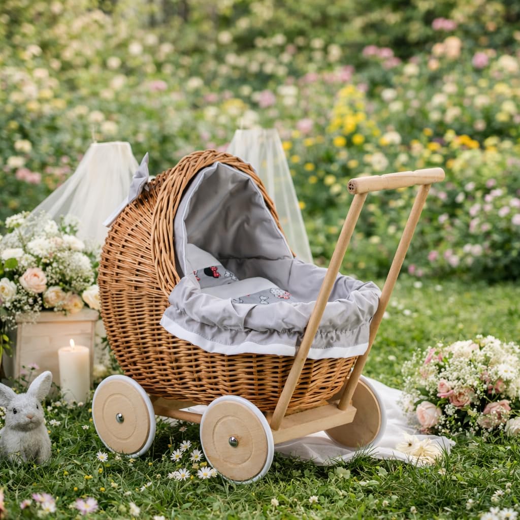 e-wicker24 - Poppenwagen - Wilgentenen - Met Beddengoed - Speelgoed Voor Meisjes e-wicker24 - Poppenwagen - Wilgentenen - Met Beddengoed - Speelgoed Voor Meisjes