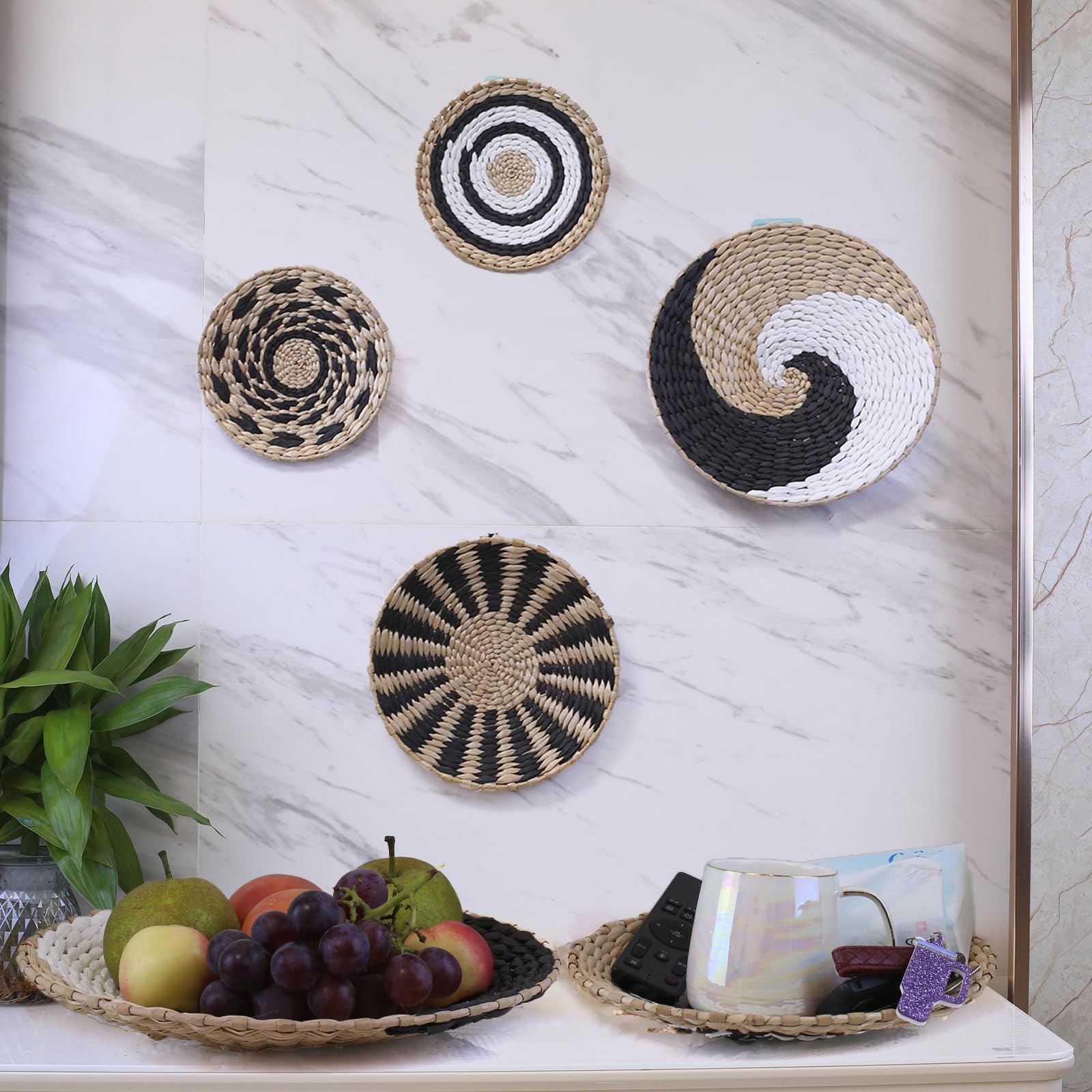 Cesto decorativo bohémien appeso a parete, cesto da parete in paglia fatto a mano, set di decorazioni per la casa da appendere a parete rotondo, vassoio per la decorazione della parete di sfondo (R)