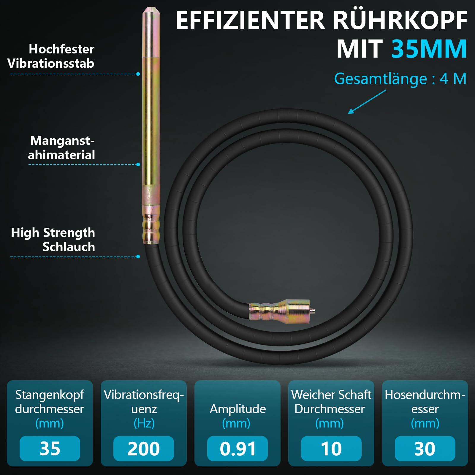 3200 W Betonrüttler mit 35mm 4m Kabel Betonverdichter, 6800U/min | Flaschenrüttler Beton Rüttler Innenrüttler mit Einer Isolationsschicht für Fundamente, Säulen und Bodenplatten
