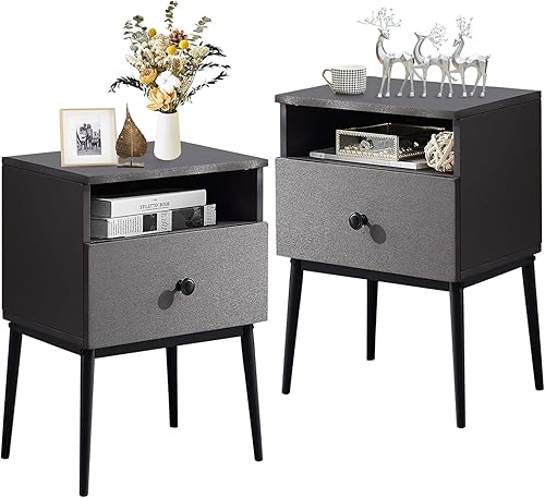 Miniatura 1 de VECELO Moderna mesa auxiliar cuadrada con cajón y espacio de almacenamiento para dormitorio y sala de estar, 2 juegos de mesitas de noche, gris
