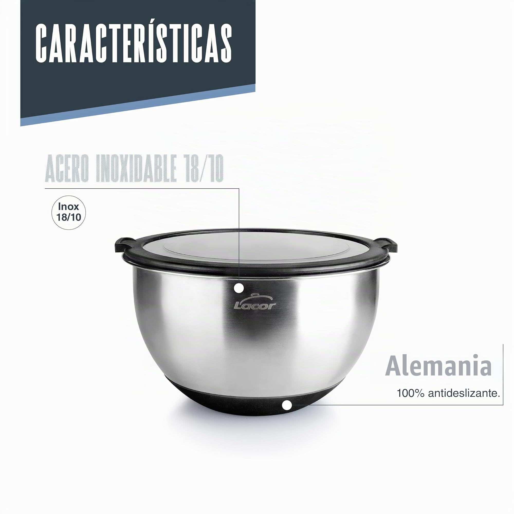 LACOR 60049 - Set 3 boles Adapt, Apilables, Con tapa hermética - Cocina | En acero inox 18/10, listo para el uso diario en cocina; cierre hermético, apilable, ahorra espacio, para tu cocina cada día