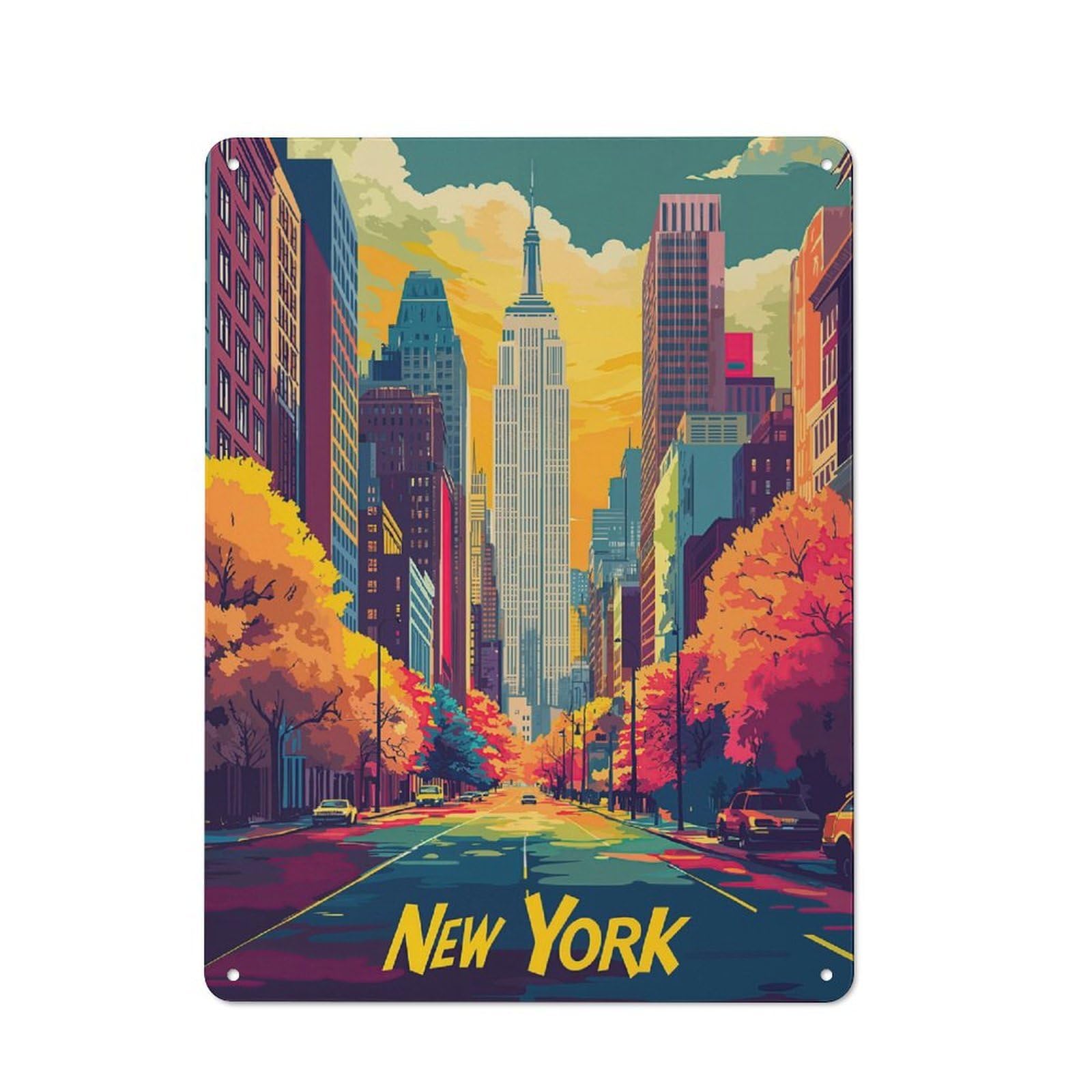 Junmoney New York City Skyline Shop Front Style Metal Wall Decor 40X30cm, Cafe Metal Sign For Takeaway, Bar, Kitchen Or Counter Area