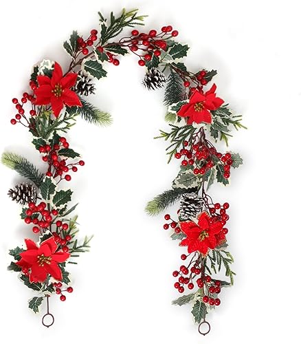 SOMYTING Guirnalda de Navidad de bayas rojas, guirnalda de flores de Pascua de Navidad con conos de pino, guirnalda de bayas artificiales,