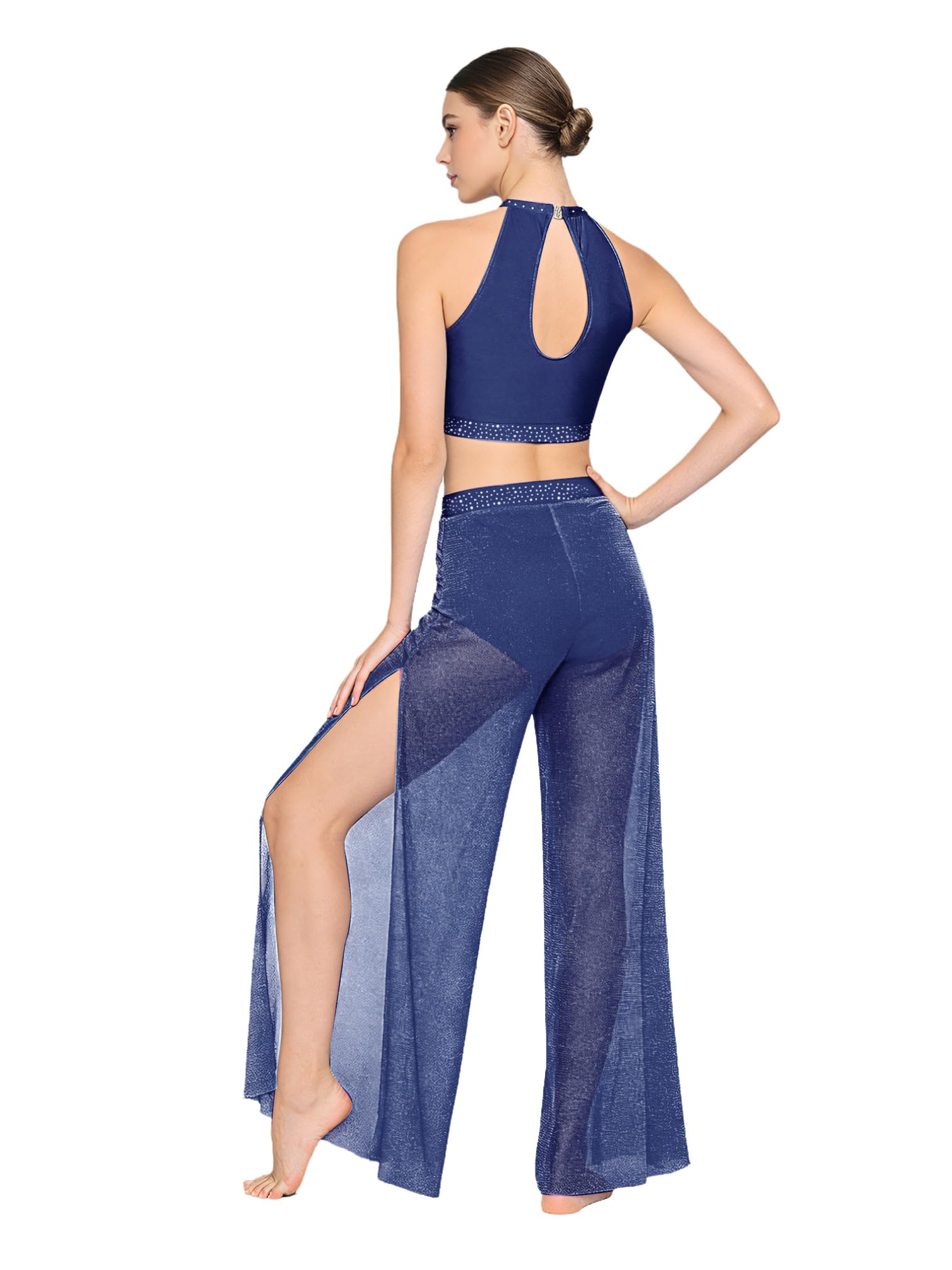 ranrann Femme Costume Danse Lyrique Contemporaine Crop Top sans Manches et Pantalon Ample Jambe Large Vêtement Danse