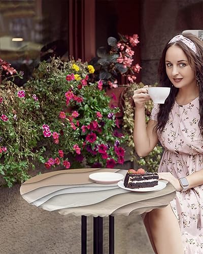 Miniatura 4 de Mantel redondo ajustable geométrico degradado, impermeable, estético, beige, marrón, degradado, abstracto, elástico, lavable, a prueba de aceite,