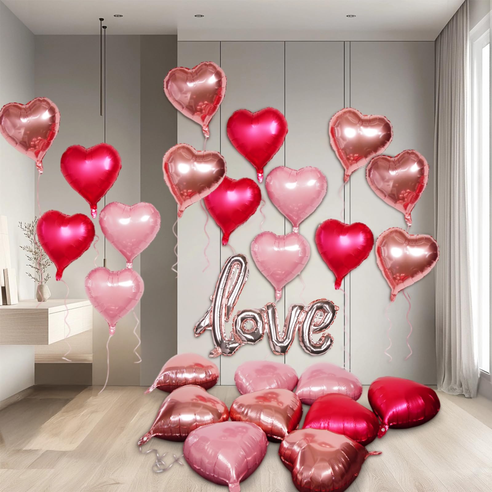 GOGOLAN 30 Pcs 18 In Red Heart Balloons and 1Pcs 40 In Linked LOVE Foil Balloon for Romantic Valentines Day Decorations (champagne/matte rose red/pearl pink) - Image 3