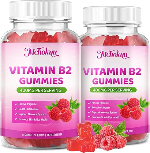Gomitas de vitamina B2 con riboflavina de 400 mg con magnesio para niños y adultos, gomitas B2 sin OMG, veganas, sin azúcar, sabor a frambuesa, 60