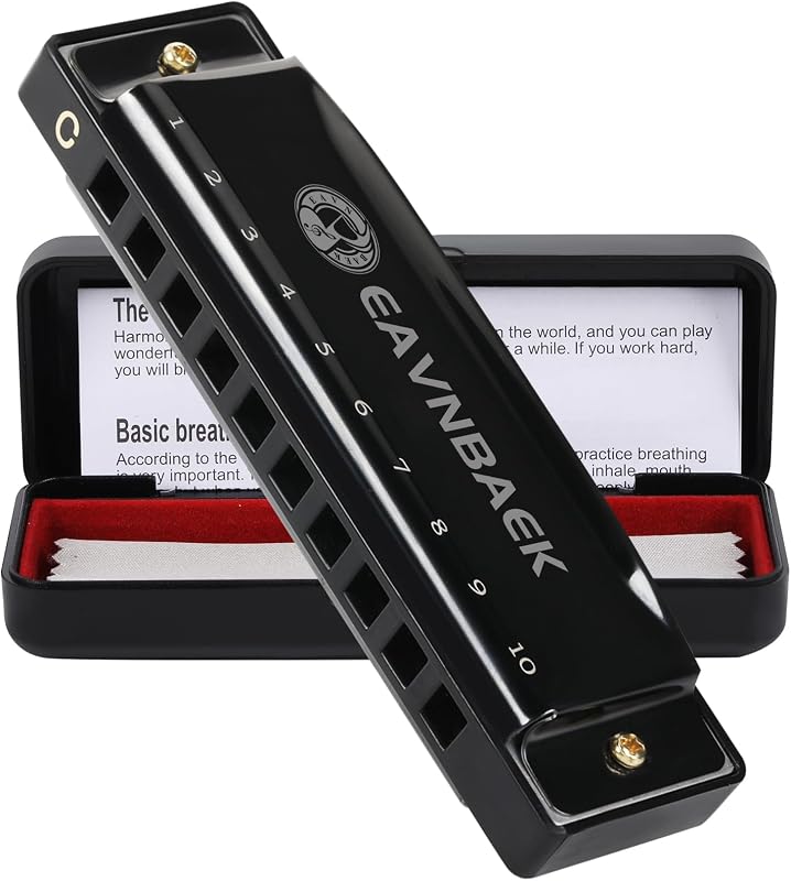 Eavnbaek 10 Holes 20 Tunes Blues Harmonica C Key Black with Hard Case | Diatonic Harp Mouth Organ Durable Reeds and Metal Shinny Cover Plate For Adults Student Beginners Professionals Gifts