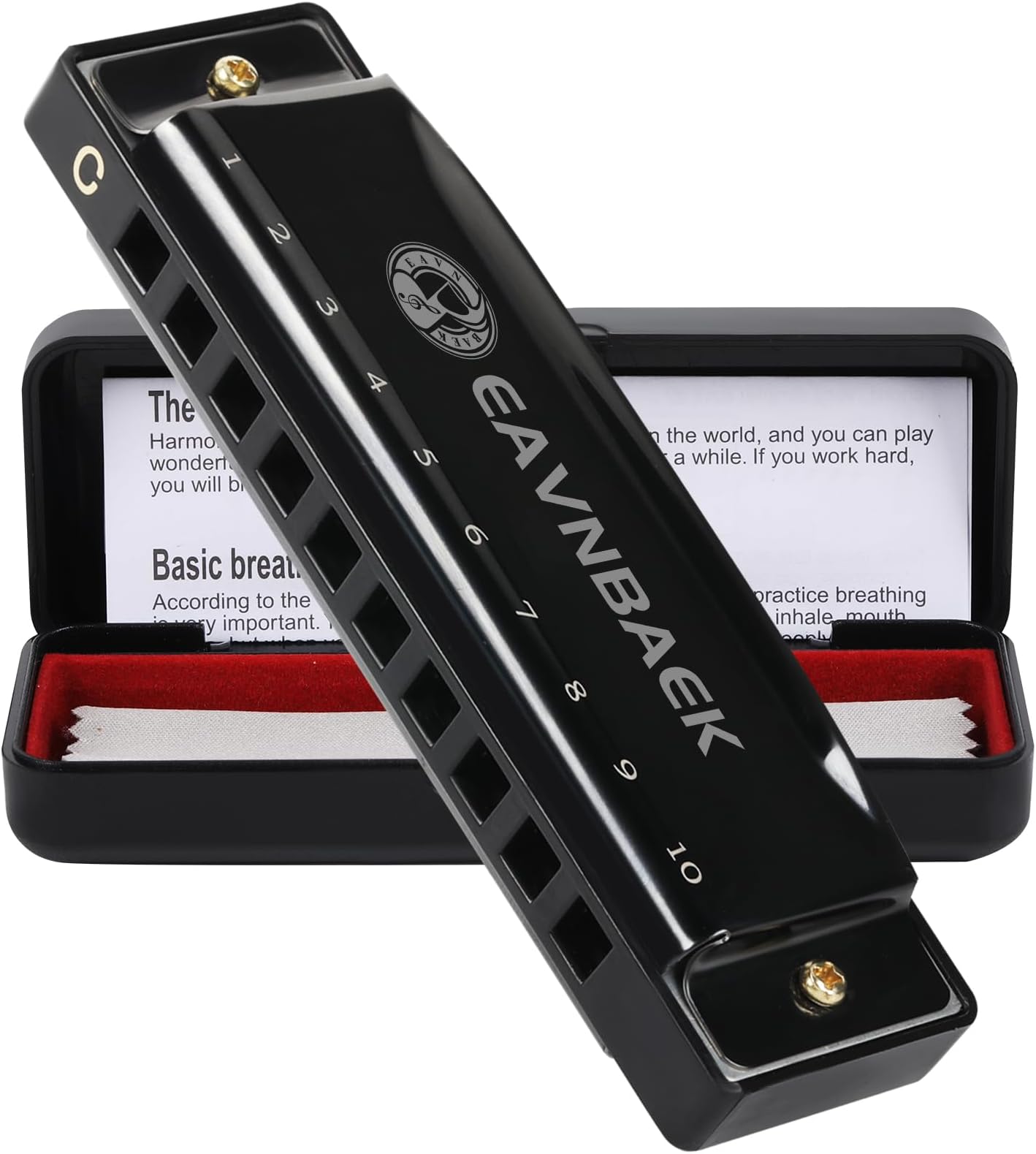 10 Holes 20 Tones Blues Harp Mouth Organ Harmonica, Diatonic Blues Harmonica Key of C, For Kids Adults Student Beginners Professionals, with Hard Case and Cleaning Cloth (Black)