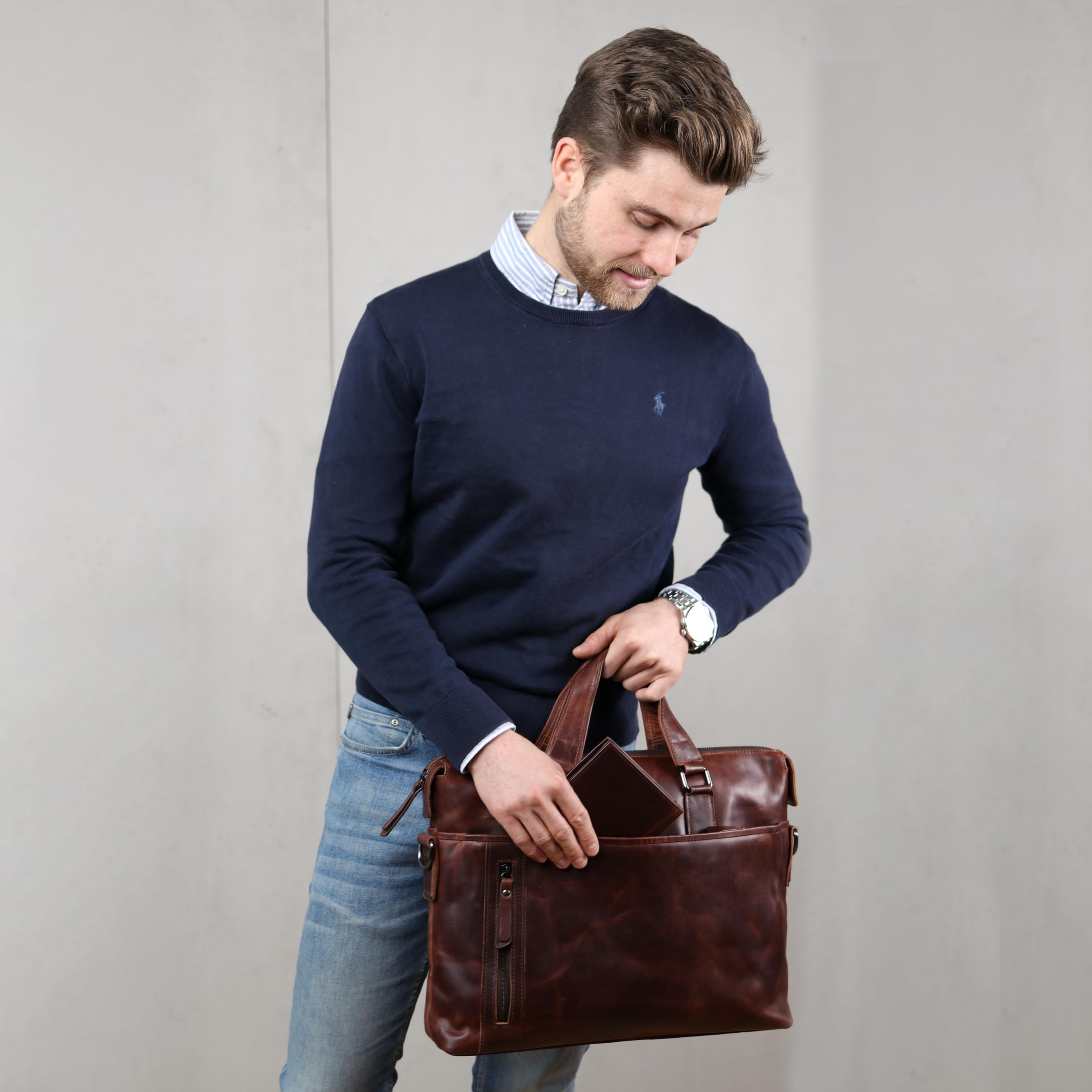 SID & VAIN laptop bag LONDON Large business briefcase real leather portable computer office leather bag Unisex brown