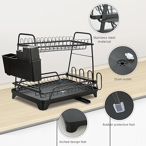Miniatura 5 de Cousopo Escurridor de platos de acero inoxidable 7, 5, 2, 3, escurridor de platos de gran capacidad de 2 niveles con soporte para utensilios,