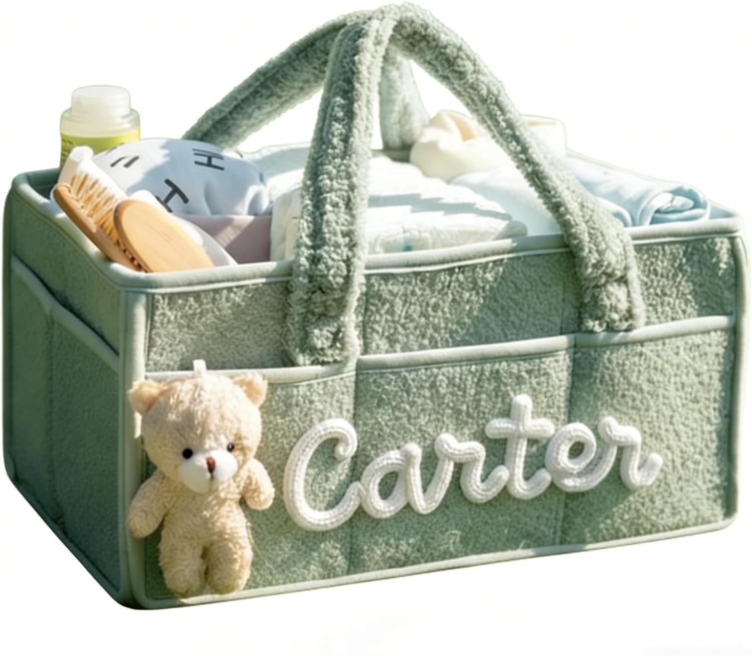 Zhongzhi Custom Name Diaper Caddy: Handmade Plush Nursery Organizer，Custom Baby Organizer Bag (Green)