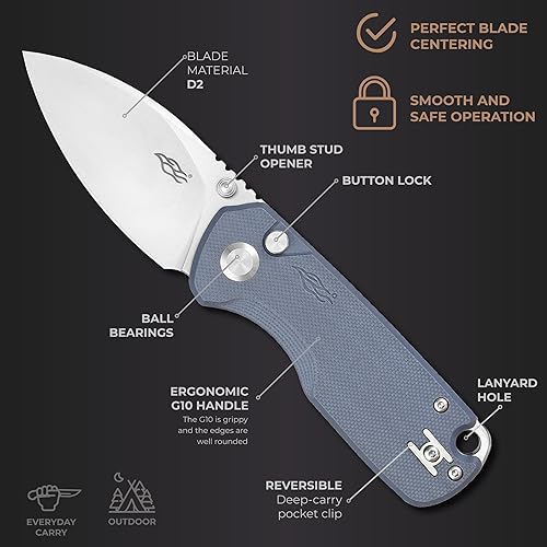 Miniatura 3 de Firebird GANZO FH925-GY Cuchillo plegable de bolsillo pequeño con bloqueo de botón, hoja de acero D2, mango antideslizante con clip, cuchillo