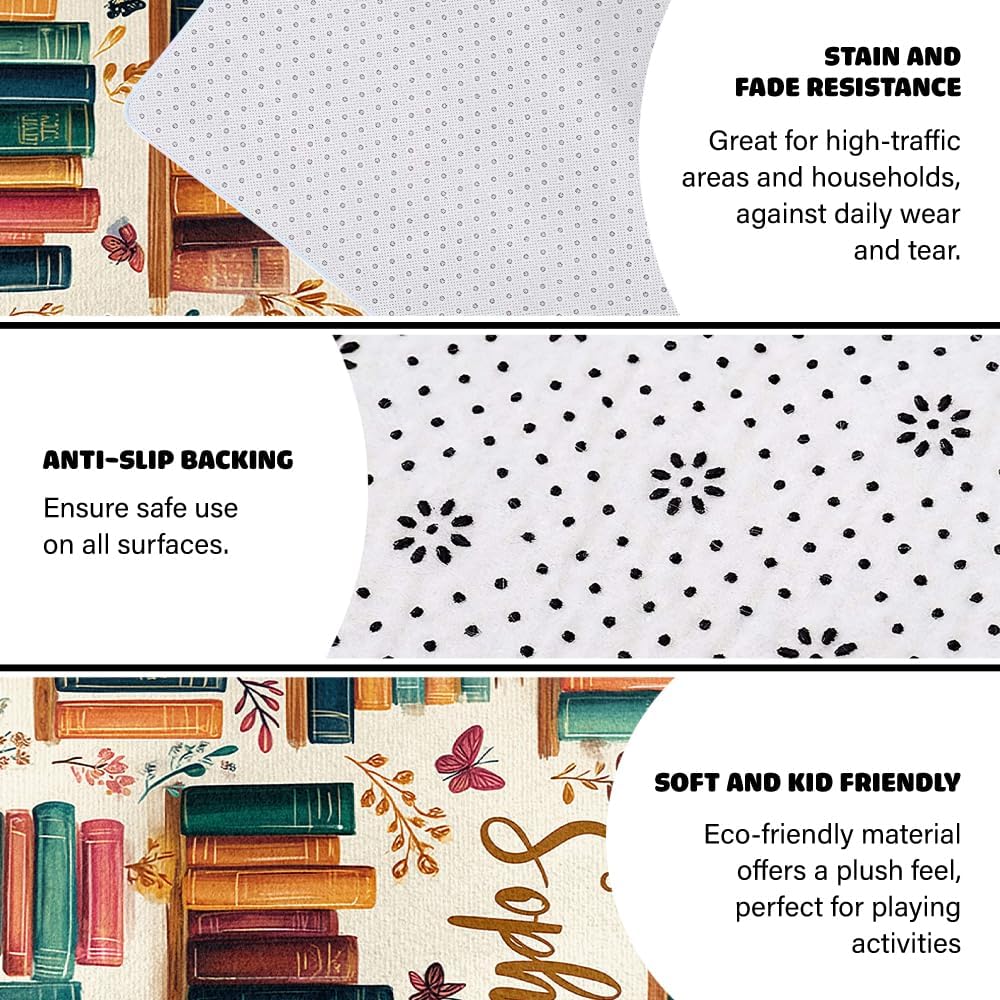 Reading Rug – Cozy Area Rug for Book Lovers, Kids, and Classrooms – Soft and Durable Carpet for Reading Nooks, Libraries, or Bedrooms – Book-Themed Floor Mat (Custom Name Bookshelf 2)