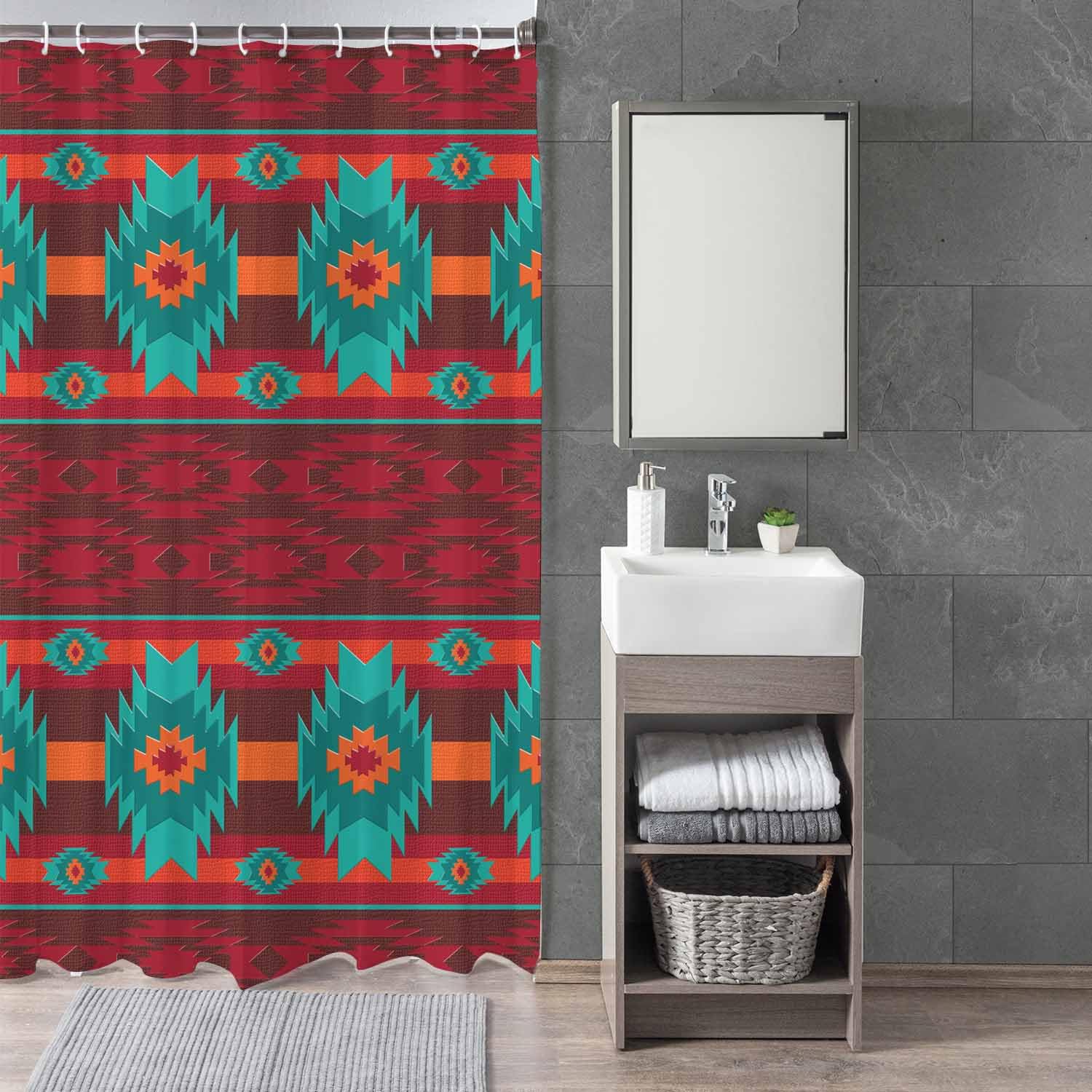 Woutay Shower Curtain Water Repellant Fabric Red Ethnic Aztec Pattern,Mould Proof Resistant,Polyester,with 12 Plastic Hooks - Image 3